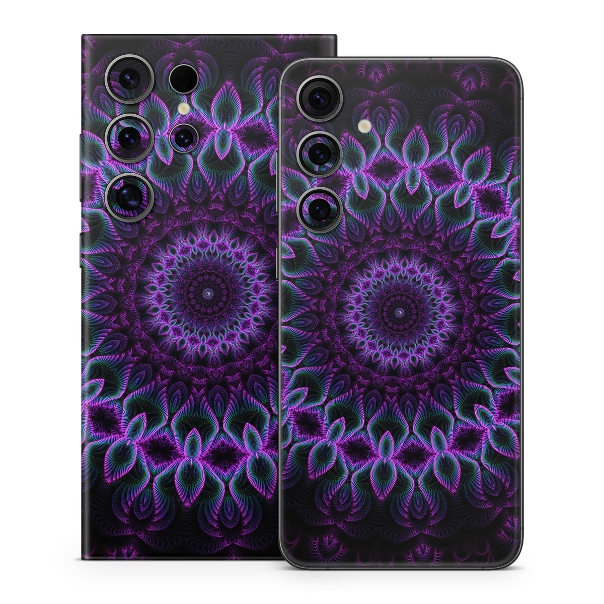 Samsung Galaxy S24 Series Skin design of Colorfulness, Pattern, Purple, Violet, Magenta, Red, Pink, Art, Fractal Art, Visual Arts, Design, Circle, Symmetry, Psychedelic Art, Motif, Kaleidoscope, Graphics, with black, purple, blue, white colors