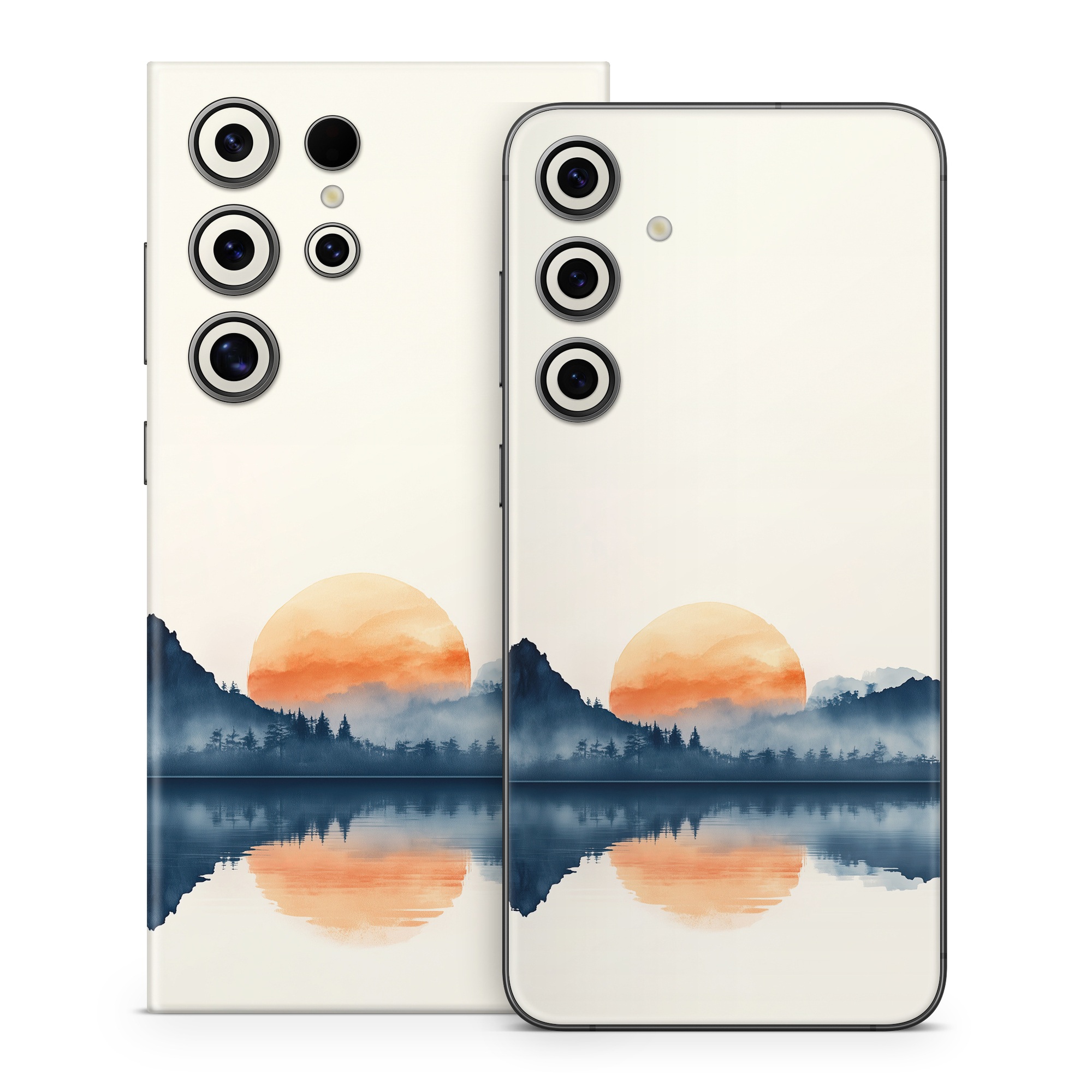 Samsung Galaxy S24 Series Skin design of Water, Water resources, Sky, Mountain, Natural landscape, Lake, Atmospheric phenomenon, Landscape, Horizon, Afterglow, with black, blue, white, gray, yellow, orange, red colors