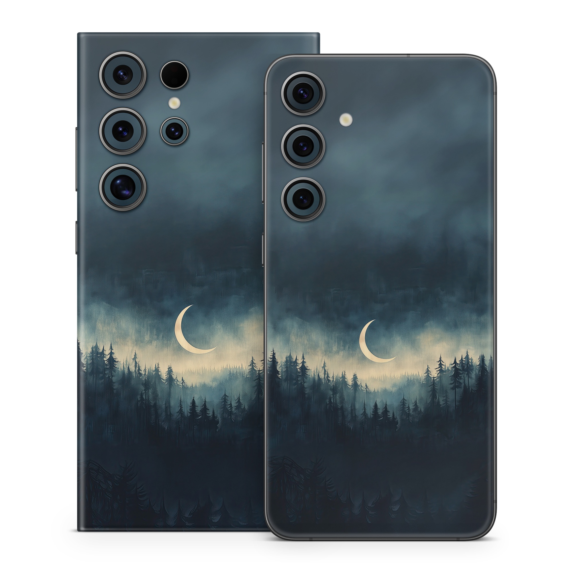 Samsung Galaxy S24 Series Skin design of Cloud, Sky, Atmosphere, Moon, Ecoregion, Crescent, Natural landscape, Tree, Plant, Dusk, with black, blue, white, gray colors