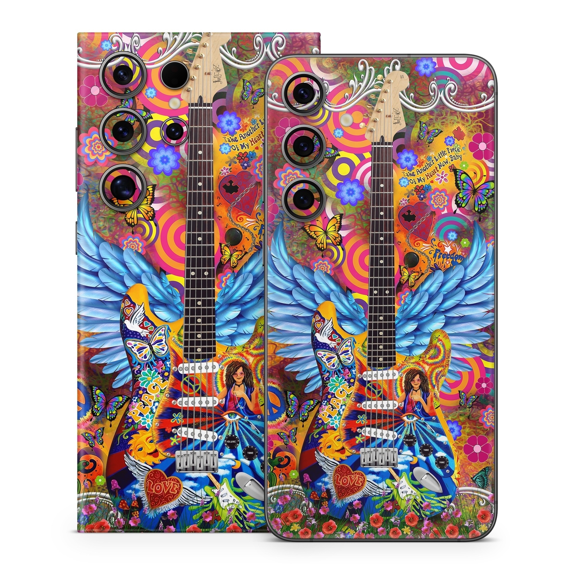 Samsung Galaxy S24 Series Skin design of Musical instrument, Guitar, Guitar accessory, Textile, Organism, String instrument, Plucked string instruments, String instrument accessory, Art, Font, with red, yellow, orange, pink, black, white, blue, brown, green colors