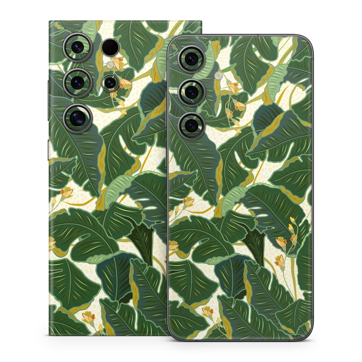 Samsung Galaxy S24 Series Skin design of Leaf, Plant, Flower, Pattern, Botany, Tree, Design, Flowering plant, Arrowroot family, Terrestrial plant, with green, yellow colors