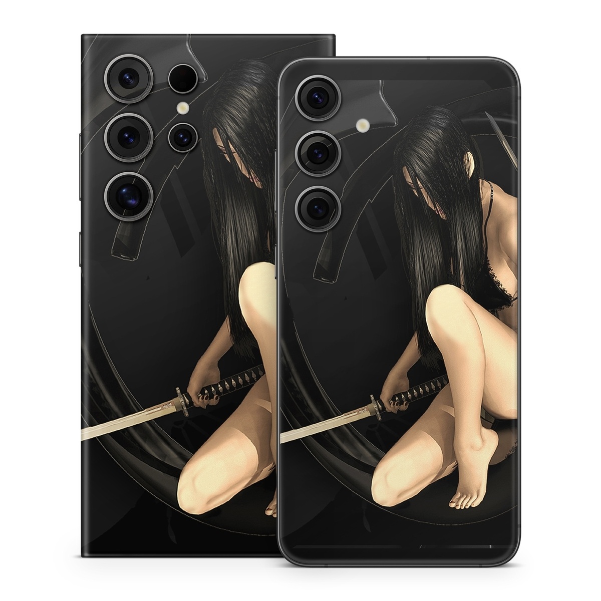 Samsung Galaxy S24 Series Skin design of Black, Photography, Leg, Black hair, Cg artwork, Darkness, Fetish model, Sitting, Flash photography, with black, yellow, gray, white colors