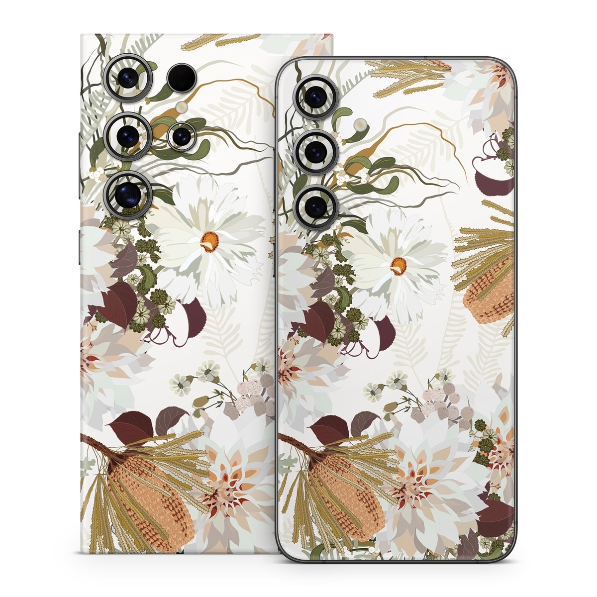 Samsung Galaxy S24 Series Skin design of Flower, Botany, Plant, Floral design, Wildflower, Pattern, Wallpaper, Textile, Petal, Butterfly, with white, brown, green, gray colors