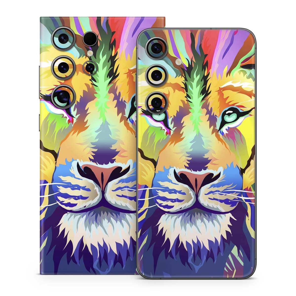 Samsung Galaxy S24 Series Skin design of Bengal tiger, Felidae, Lion, Wildlife, Big cats, Tiger, Carnivore, Art, Illustration, Painting, with orange, yellow, green, red, pink, blue, purple colors