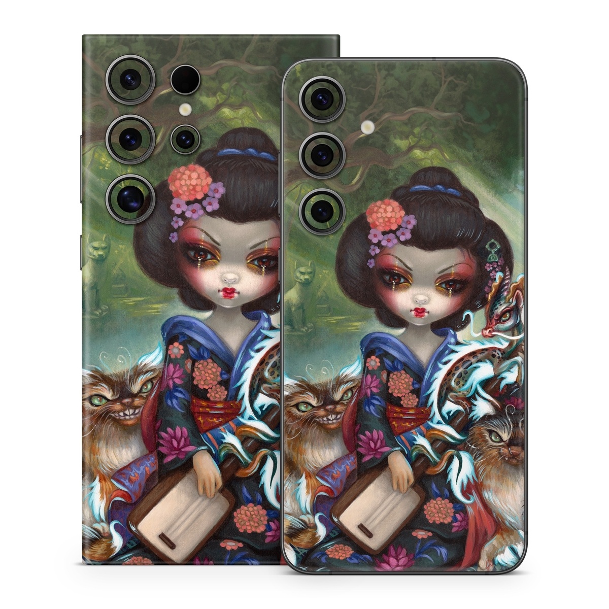 Samsung Galaxy S24 Series Skin design of Cat, Felidae, Whiskers, Illustration, Art, Small to medium-sized cats, Doll, Kitten, Norwegian forest cat, Fawn, with black, white, red, brown, blue, green, pink, purple colors