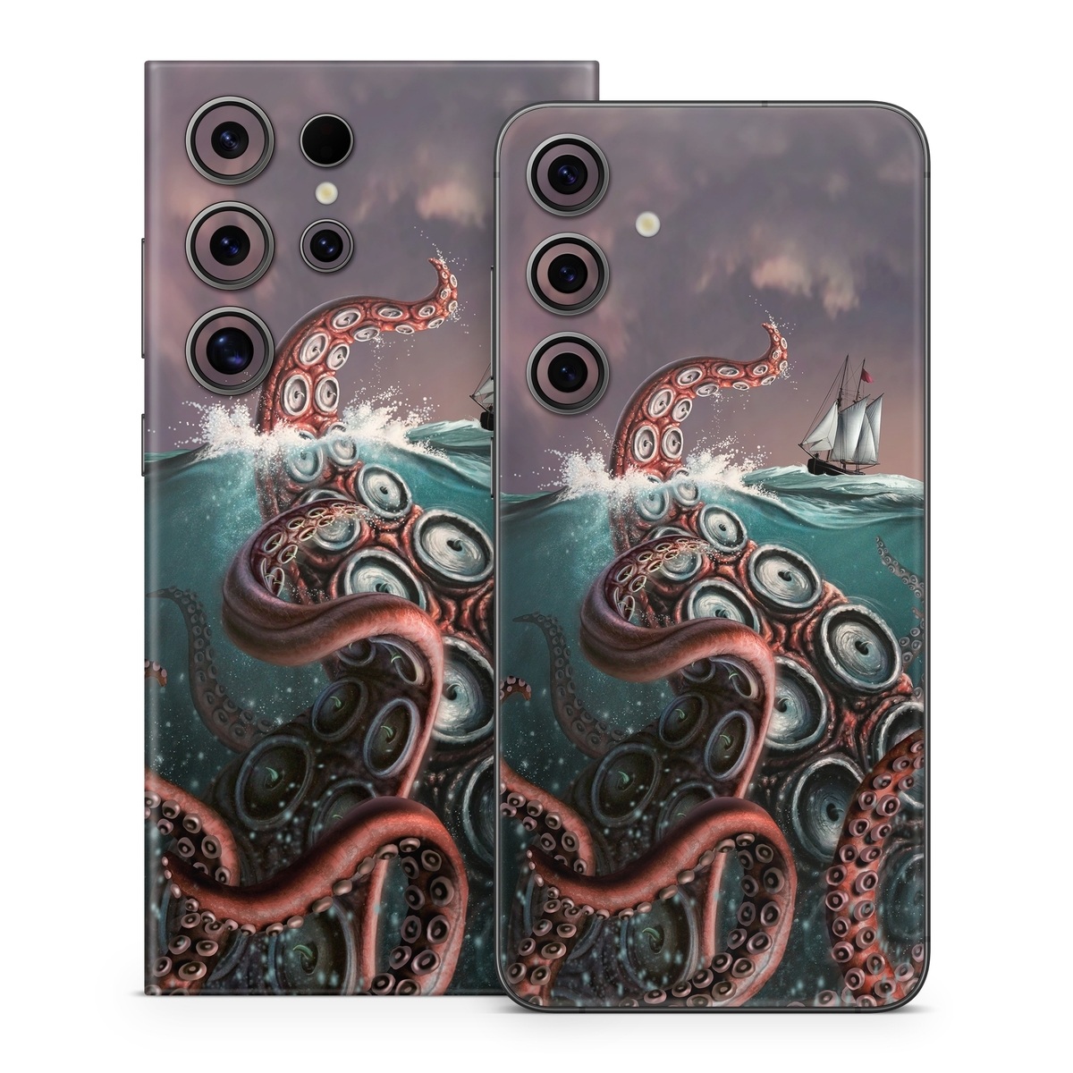 Samsung Galaxy S24 Series Skin design of Octopus, Water, Illustration, Wind wave, Sky, Graphic design, Organism, Cephalopod, Cg artwork, giant pacific octopus, with blue, gray, white, brown, red colors