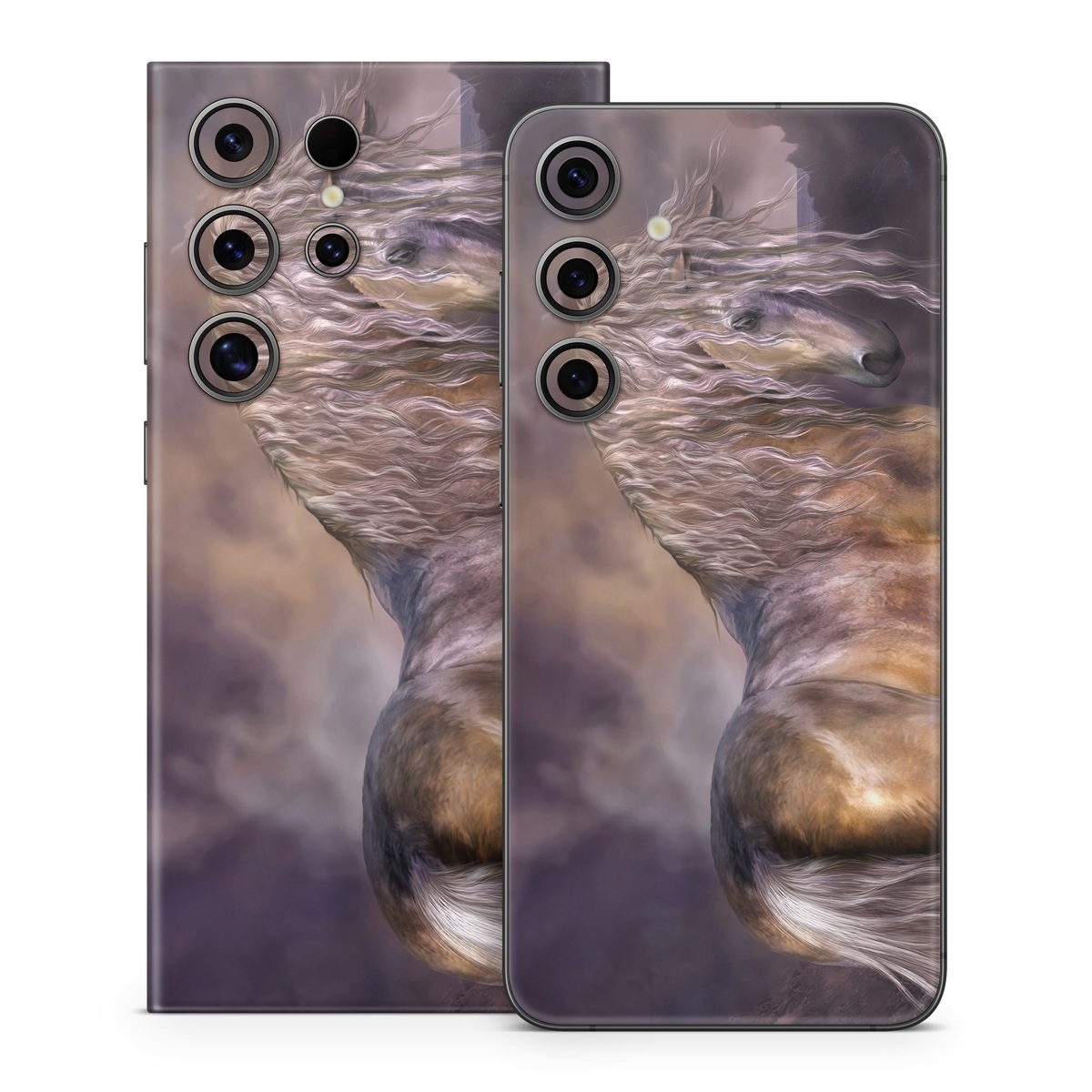 Samsung Galaxy S24 Series Skin design of Horse, Mane, Stallion, Mustang horse, Fictional character, Mare, Painting, Wildlife, Mythical creature, with black, gray, red, blue, green colors