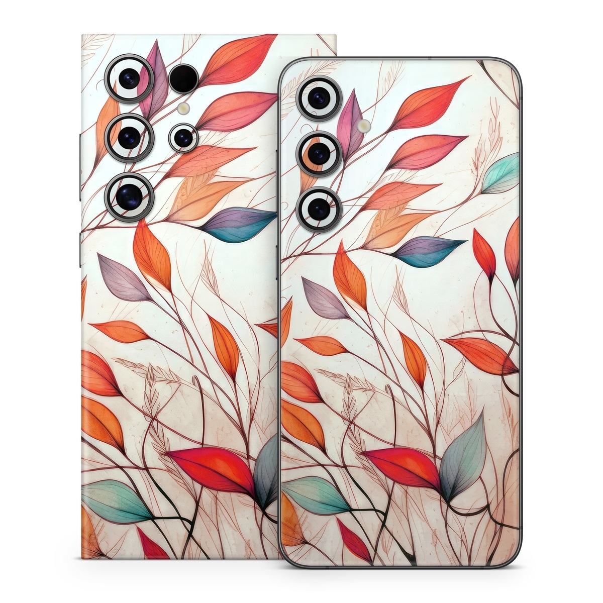 Samsung Galaxy S24 Series Skin design of Plant, Vertebrate, Art paint, Nature, Botany, Leaf, Branch, Twig, Textile, Orange, with yellow, orange, red, white, brown, blue colors