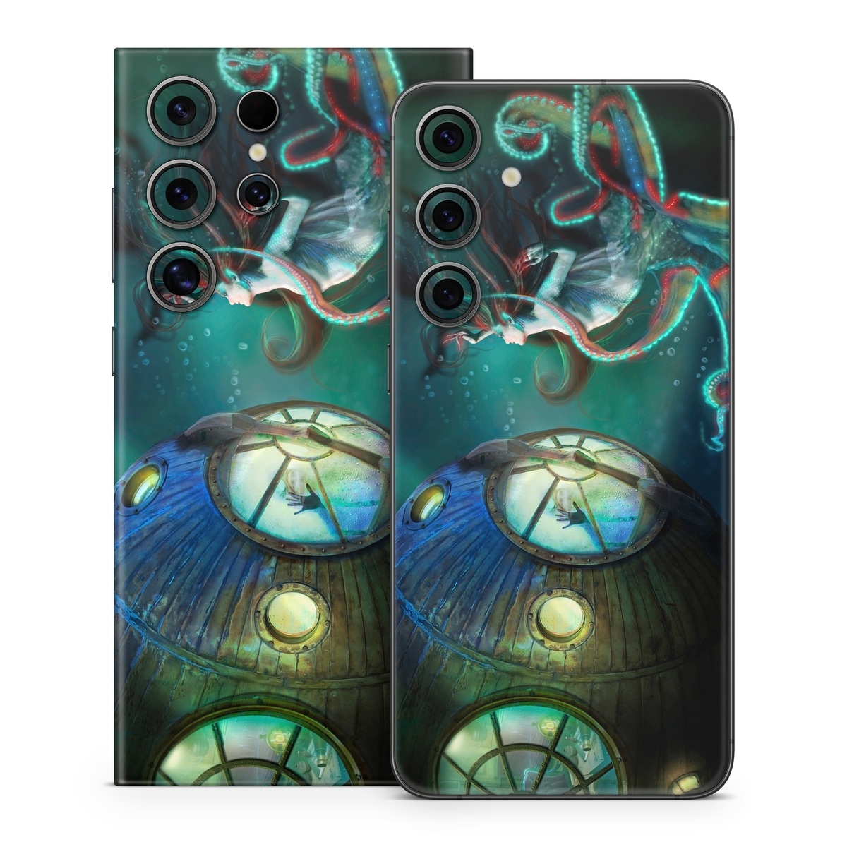 Samsung Galaxy S24 Series Skin design of Cg artwork, Illustration, Art, Fictional character, Fiction, Space, Fractal art, Graphic design, Mythology, Graphics, with black, gray, blue, green colors