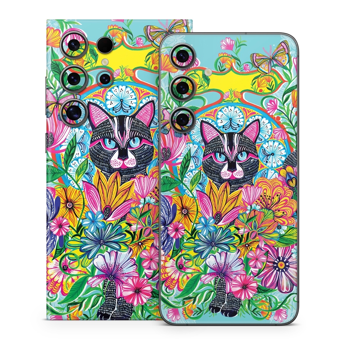 Samsung Galaxy S24 Series Skin design of Visual arts, Art, Plant, Illustration, Pattern, Floral design, Flower, Wildflower, with white, blue, pink, black, green, yellow colors