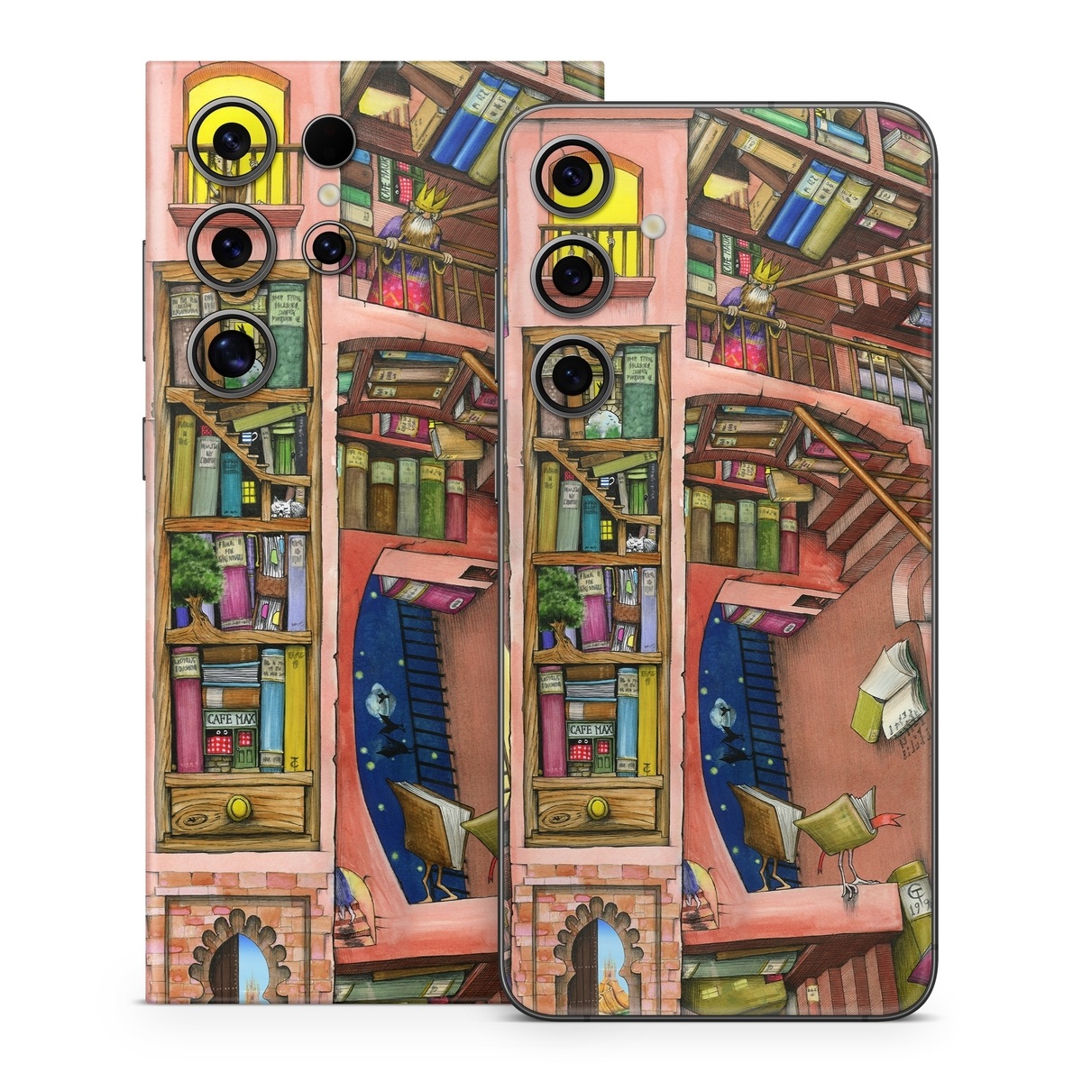 Samsung Galaxy S24 Series Skin design of Cartoon, Building, Art, Architecture, Design, Fun, Retail, Illustration, Neighbourhood, Room, with pink, yellow, blue, red, orange, brown colors