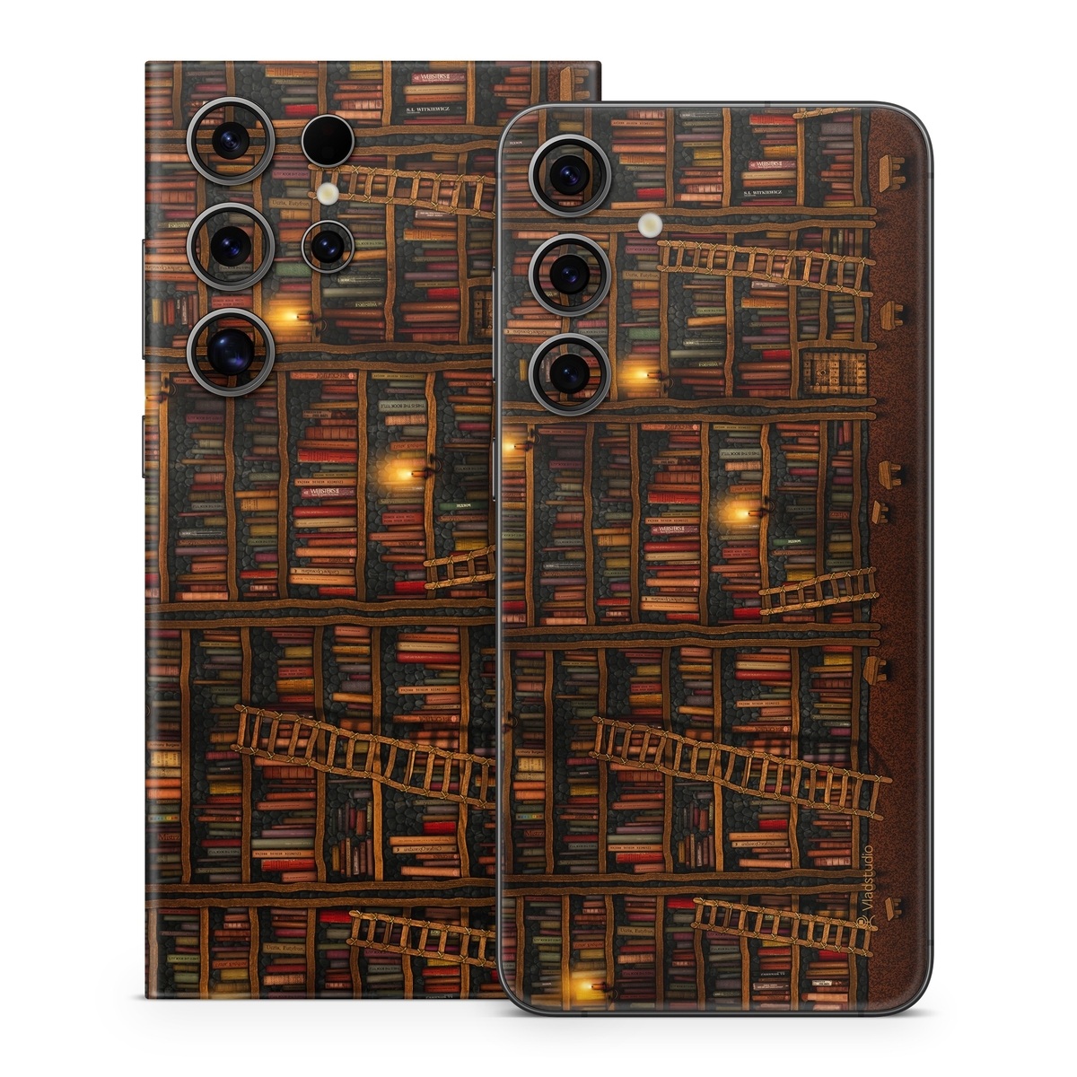 Samsung Galaxy S24 Series Skin design of Shelving, Library, Bookcase, Shelf, Furniture, Book, Building, Publication, Room, Darkness, with black, red colors