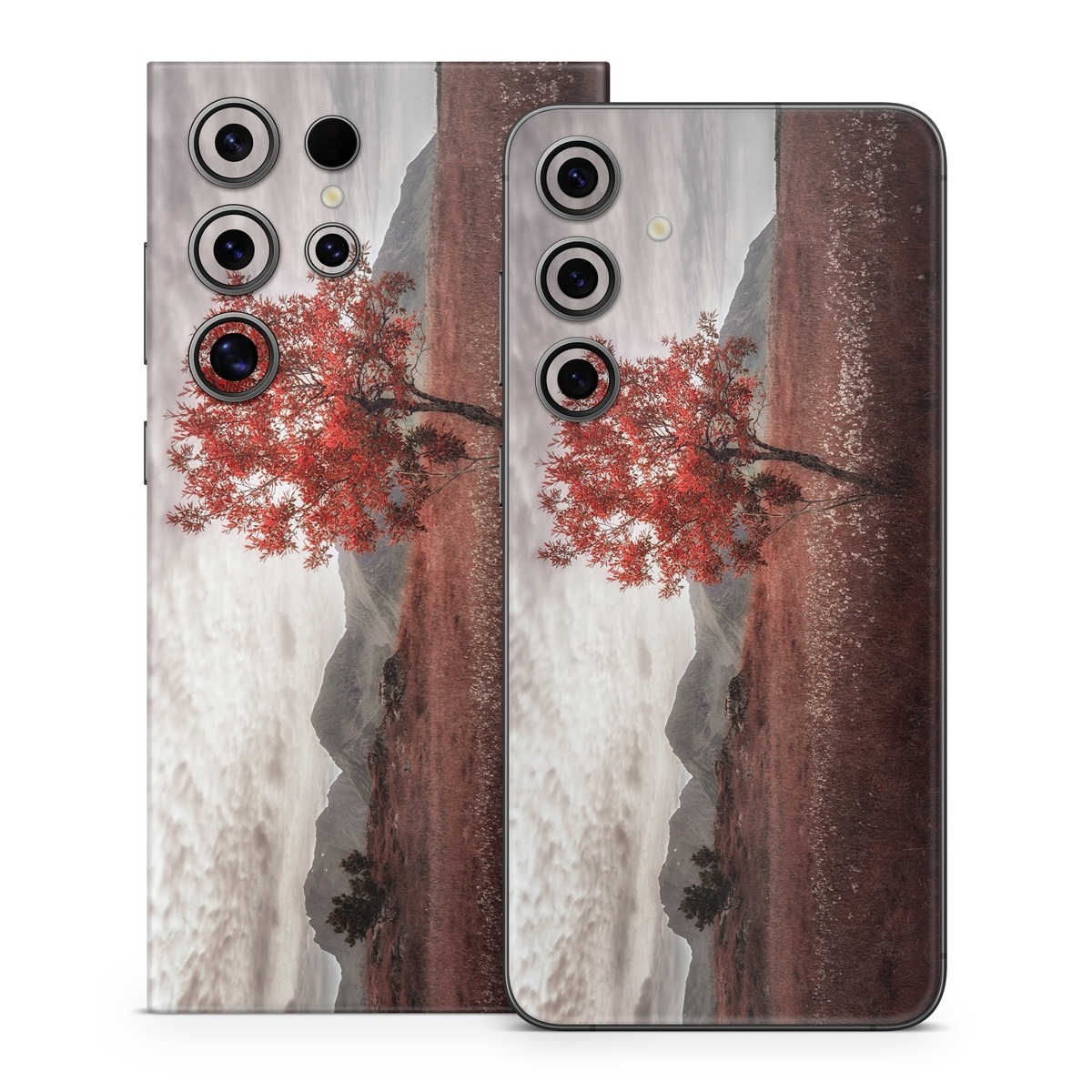 Samsung Galaxy S24 Series Skin design of Natural landscape, Nature, Tree, Sky, Red, Natural environment, Atmospheric phenomenon, Leaf, Cloud, Woody plant, with black, gray, red colors