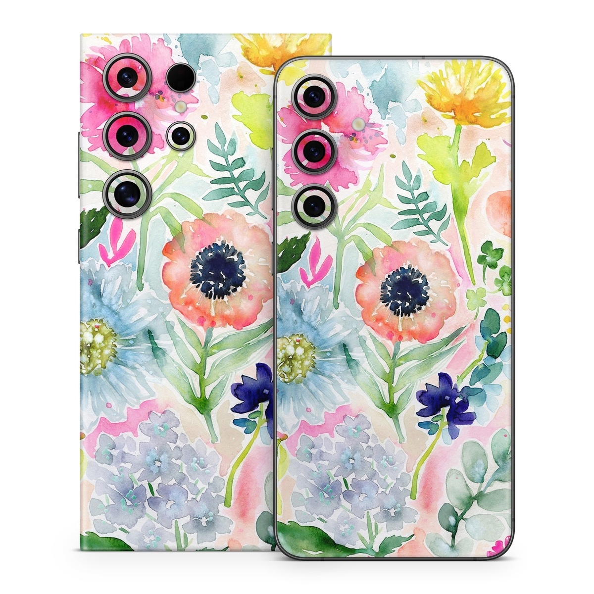 Samsung Galaxy S24 Series Skin design of Flower, Watercolor paint, Plant, Flowering plant, Pattern, Floral design, Botany, Petal, Wildflower, Design, with green, pink, yellow, orange, blue, red, purple colors