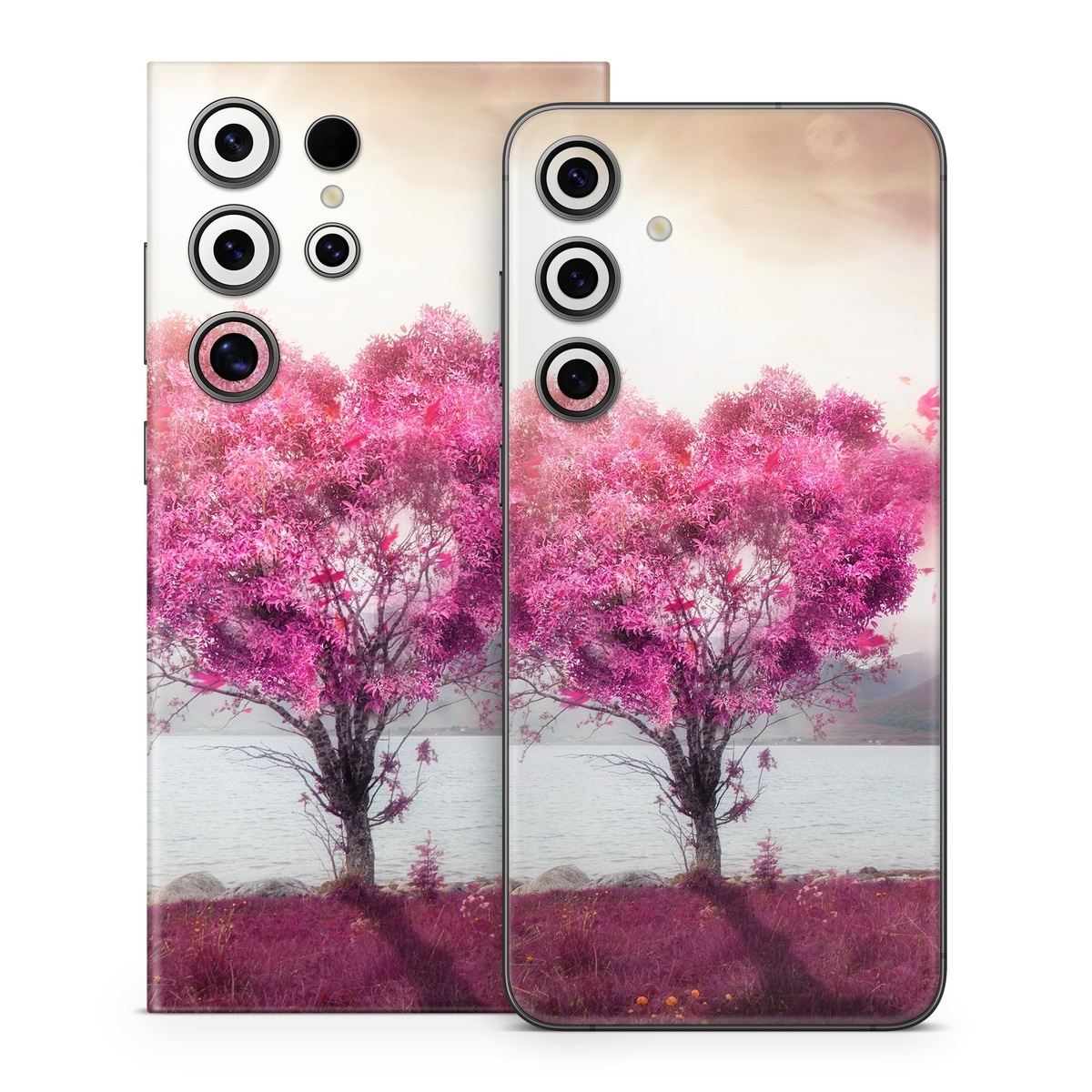 Samsung Galaxy S24 Series Skin design of Sky, Nature, Natural landscape, Pink, Tree, Spring, Purple, Landscape, Cloud, Magenta, with pink, yellow, blue, black, gray colors