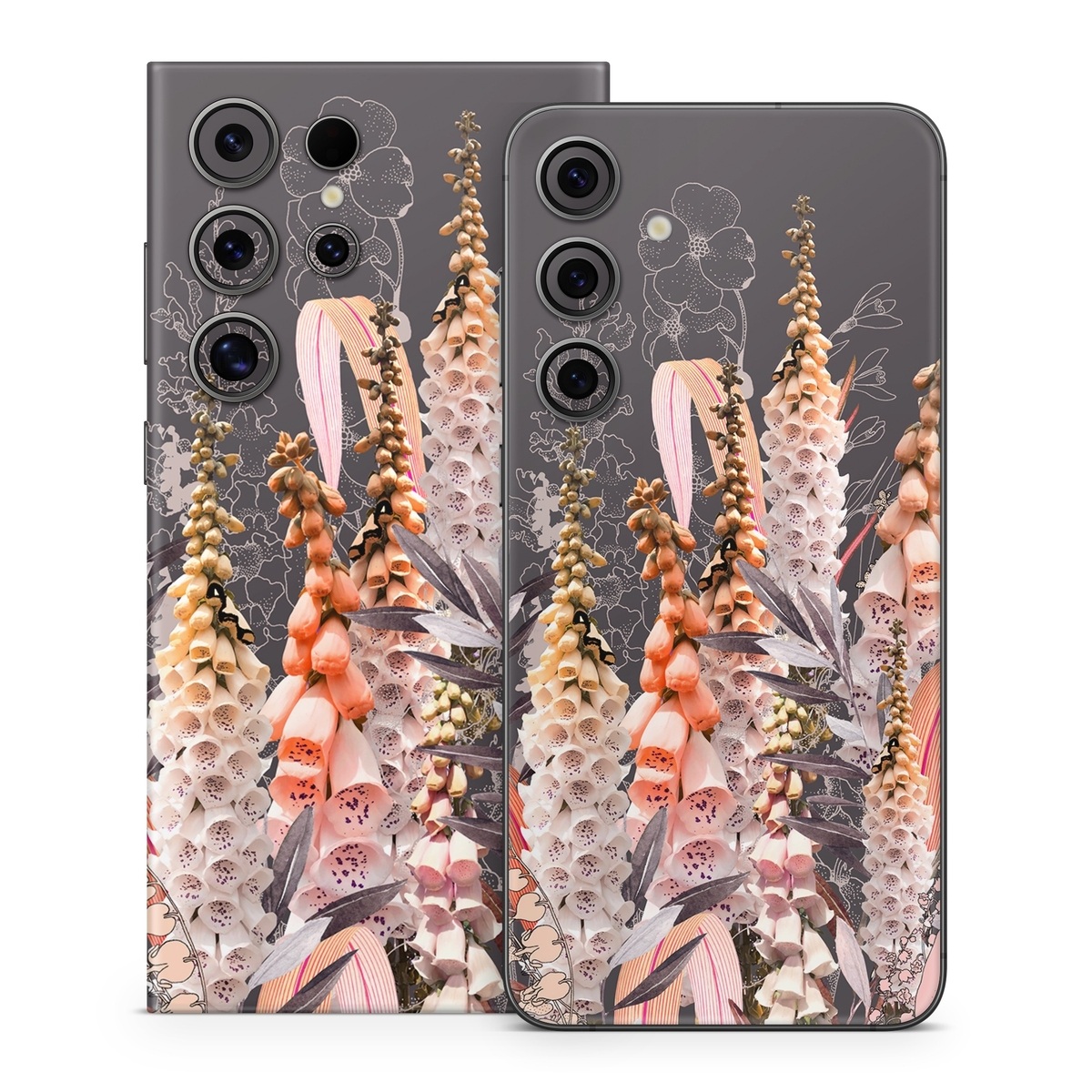 Samsung Galaxy S24 Series Skin design of Flower, Plant, Foxtail lily, Botany, Plant stem, Illustration, Broomrape, with brown, pink, white, yellow, orange colors