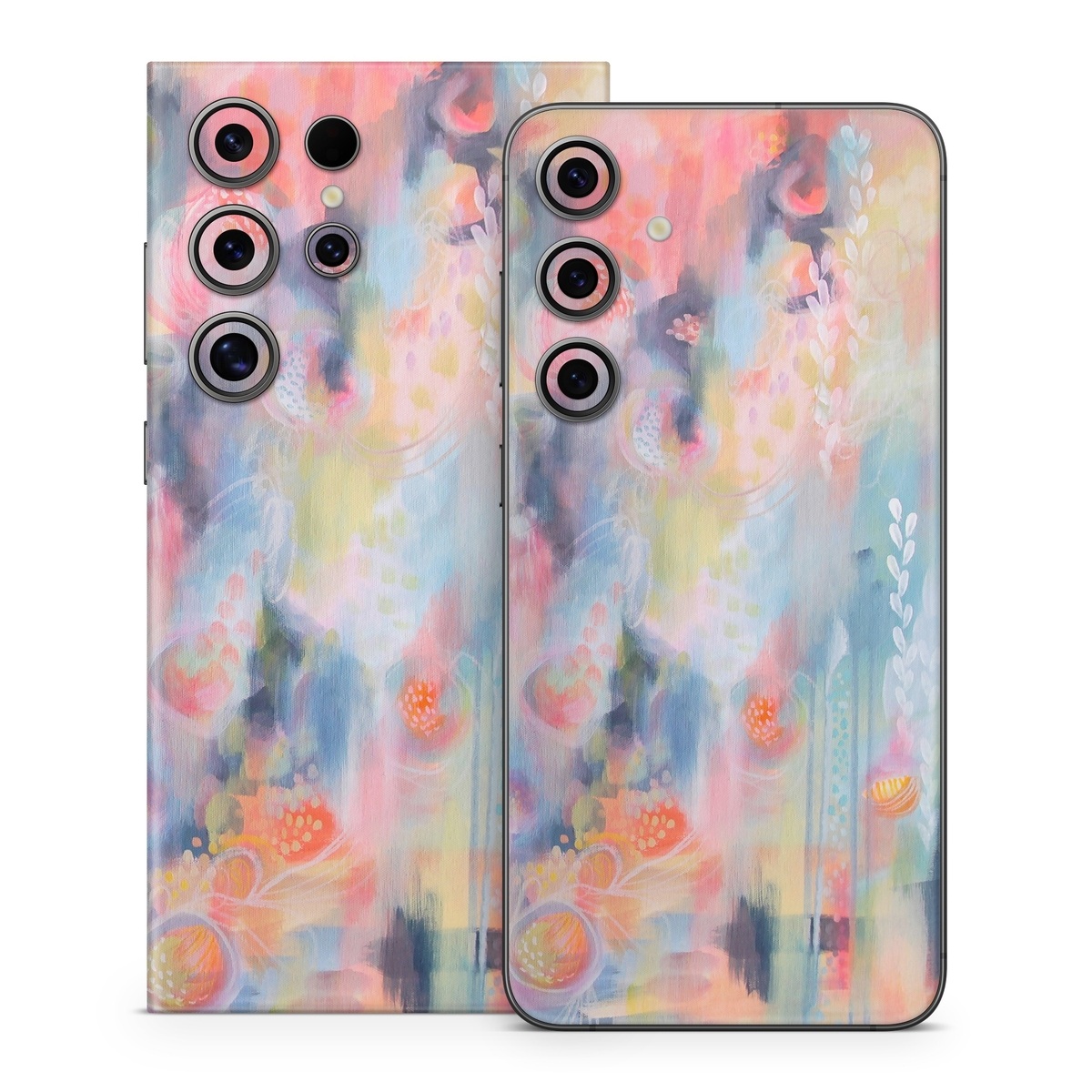 Samsung Galaxy S24 Series Skin design of Painting, Watercolor paint, Modern art, Acrylic paint, Art, Visual arts, Paint, Artwork, Dye, with blue, pink, orange, yellow, red, white colors