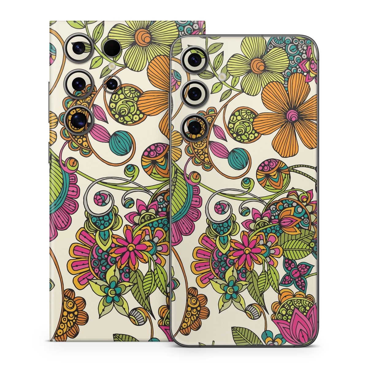 Samsung Galaxy S24 Series Skin design of Pattern, Floral design, Motif, Design, Visual arts, Botany, Pedicel, Flower, Plant, Textile, with green, pink, orange, blue colors