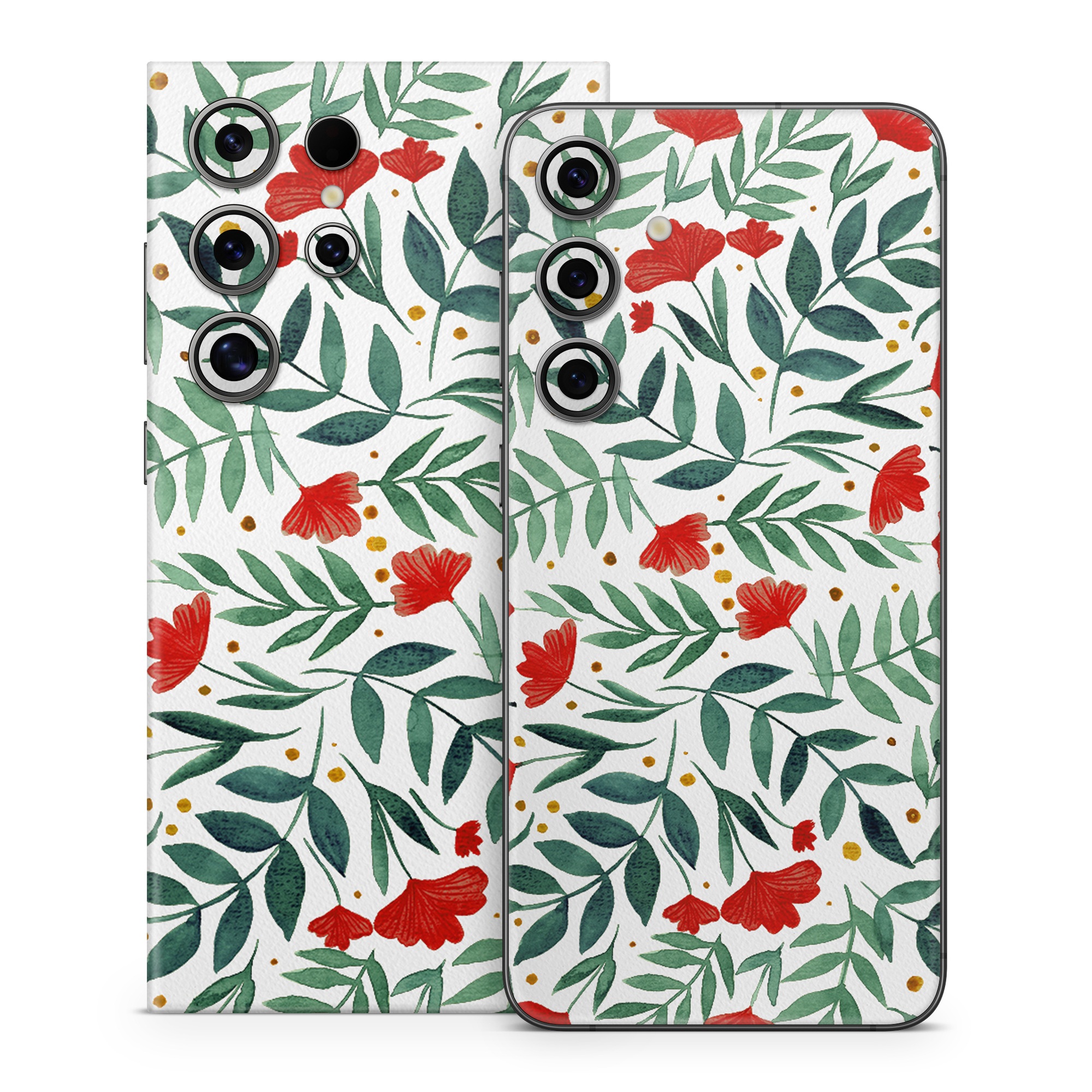 Samsung Galaxy S24 Series Skin design of Flower, Plant, Textile, Line, Petal, Pattern, Flowering plant, Pedicel, Creative arts, Rectangle, with red, green, orange, white colors
