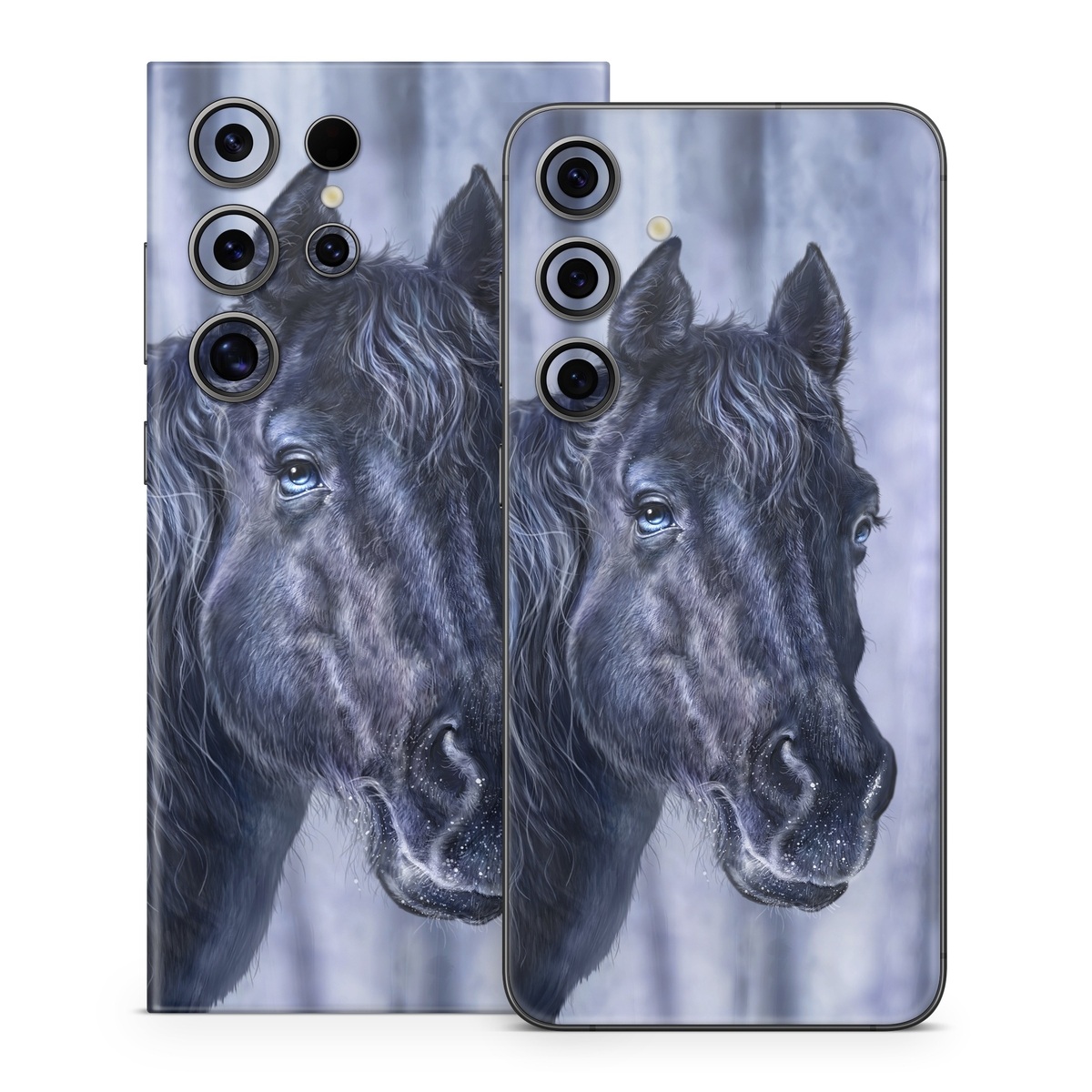 Samsung Galaxy S24 Series Skin design of Horse, Mammal, Vertebrate, Hair, Mane, Stallion, Snout, Mare, Mustang horse, Livestock, with black, white, blue colors