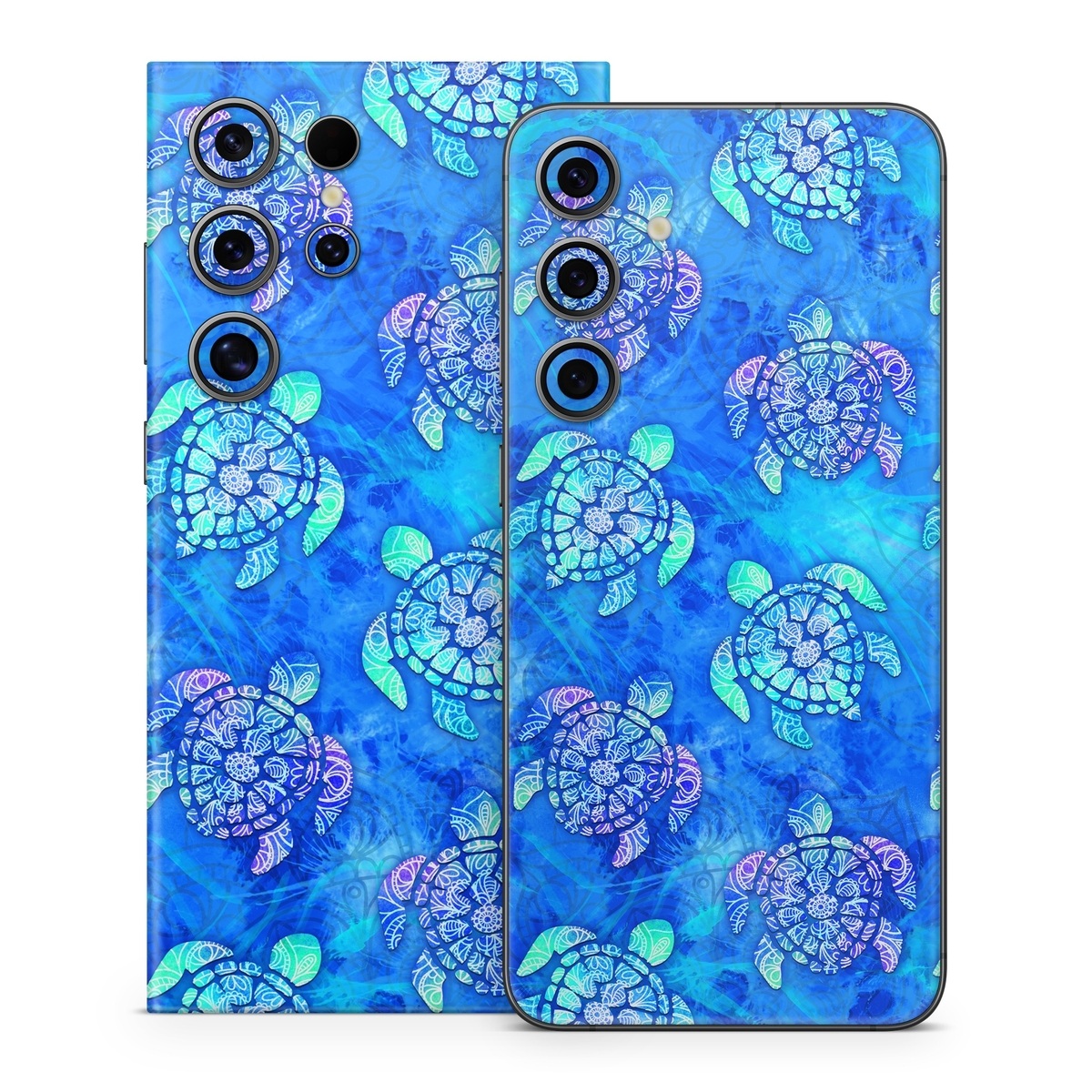 Samsung Galaxy S24 Series Skin design of Blue, Pattern, Organism, Design, Sea turtle, Plant, Electric blue, Hydrangea, Flower, Symmetry, with blue, green, purple colors