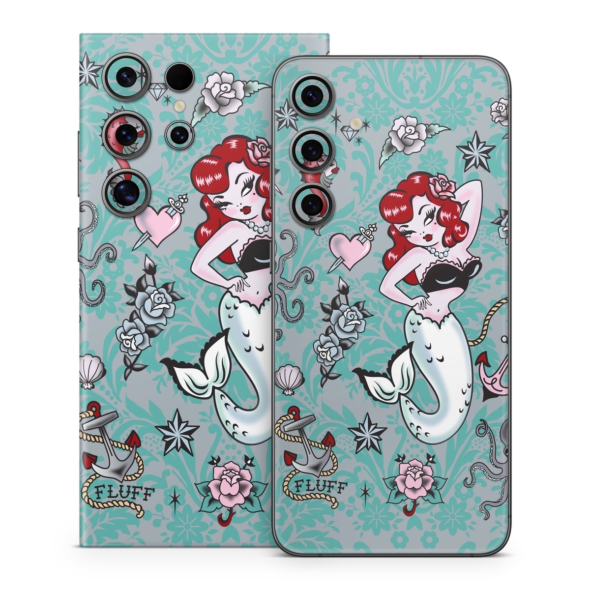 Samsung Galaxy S24 Series Skin design of Mermaid, Illustration, Fictional character, Organism, Art, Pattern, Style, with gray, blue, black, red, white, pink colors