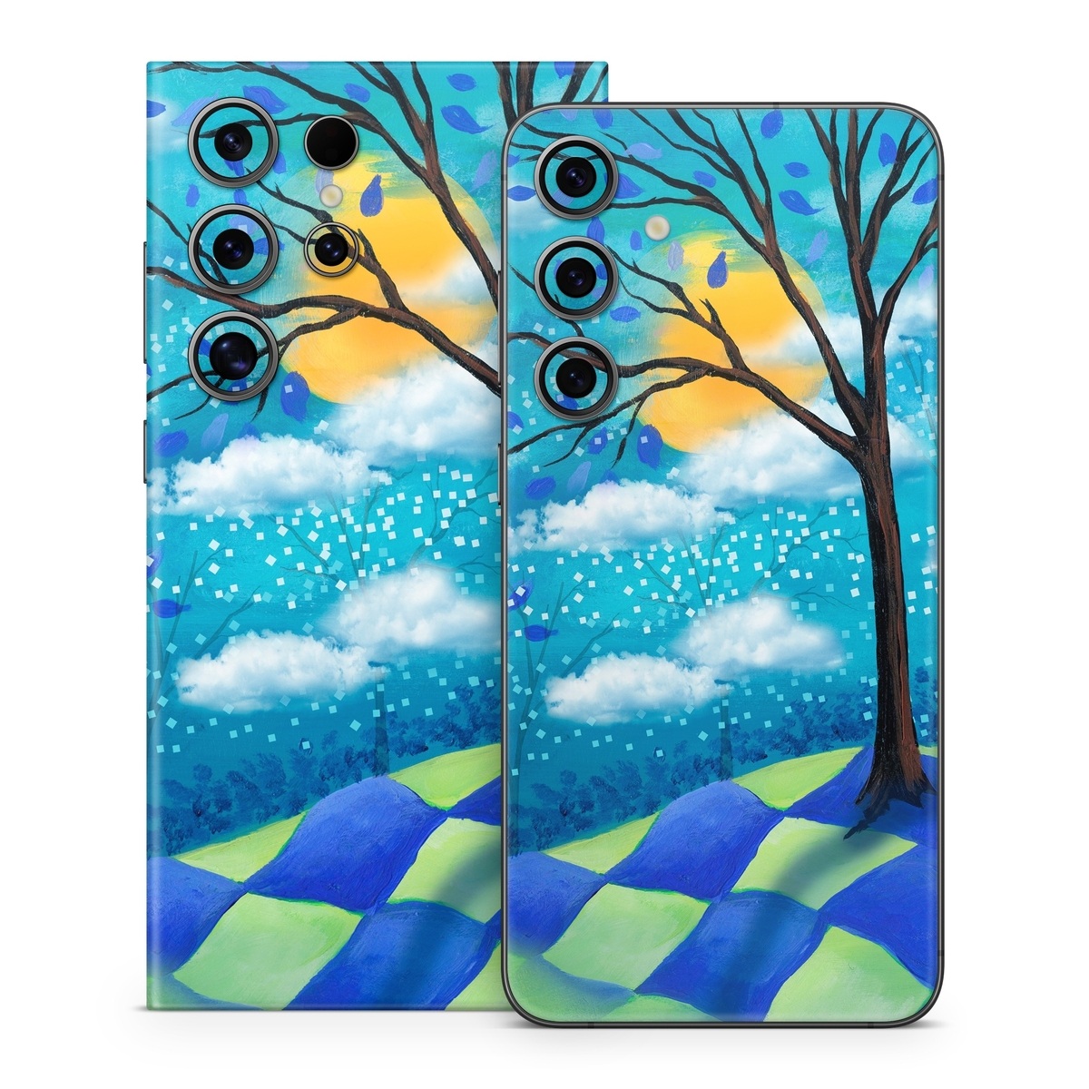 Samsung Galaxy S24 Series Skin design of Natural landscape, Nature, Blue, Tree, Sky, Branch, Spring, Woody plant, Plant, Leaf, with blue, gray, black, purple, green colors