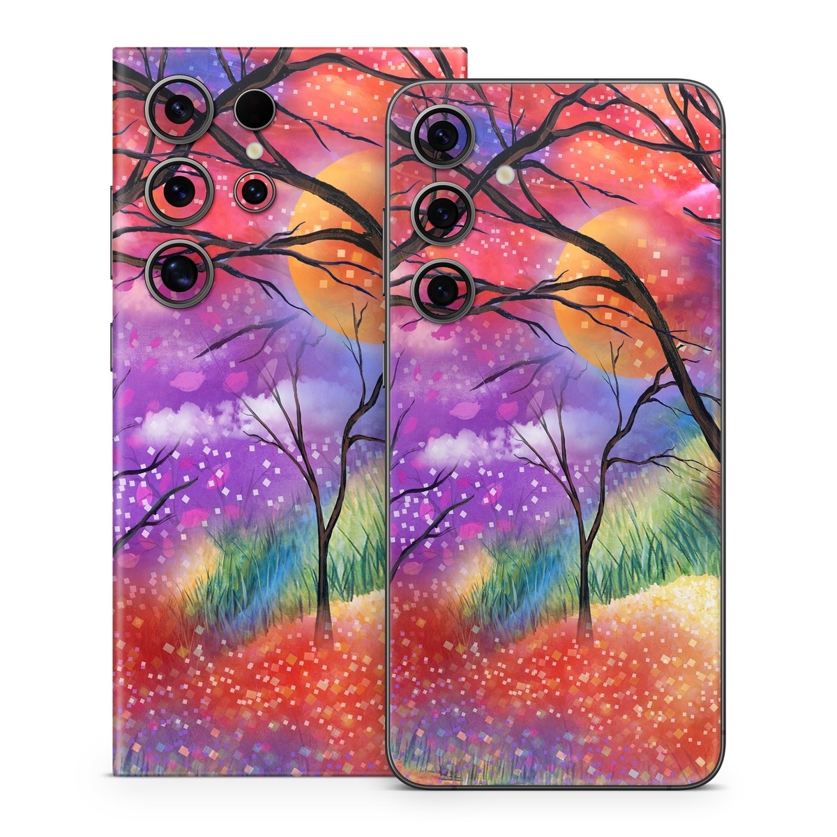 Samsung Galaxy S24 Series Skin design of Nature, Tree, Natural landscape, Painting, Watercolor paint, Branch, Acrylic paint, Purple, Modern art, Leaf, with red, purple, black, gray, green, blue colors