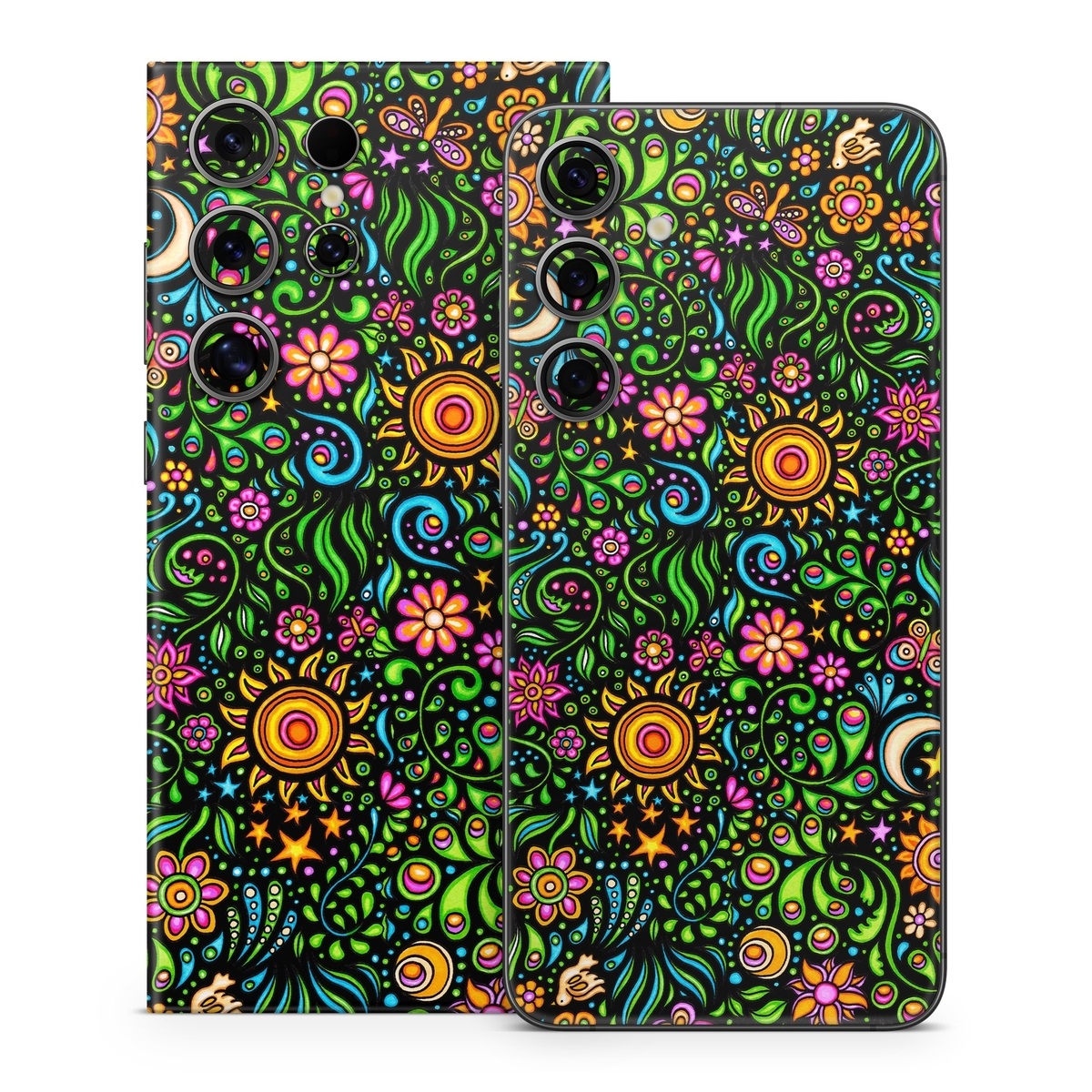 Samsung Galaxy S24 Series Skin design of Pattern, Psychedelic art, Visual arts, Art, Design, Motif, Organism, Circle, Textile, Plant, with black, red, green, blue, purple colors