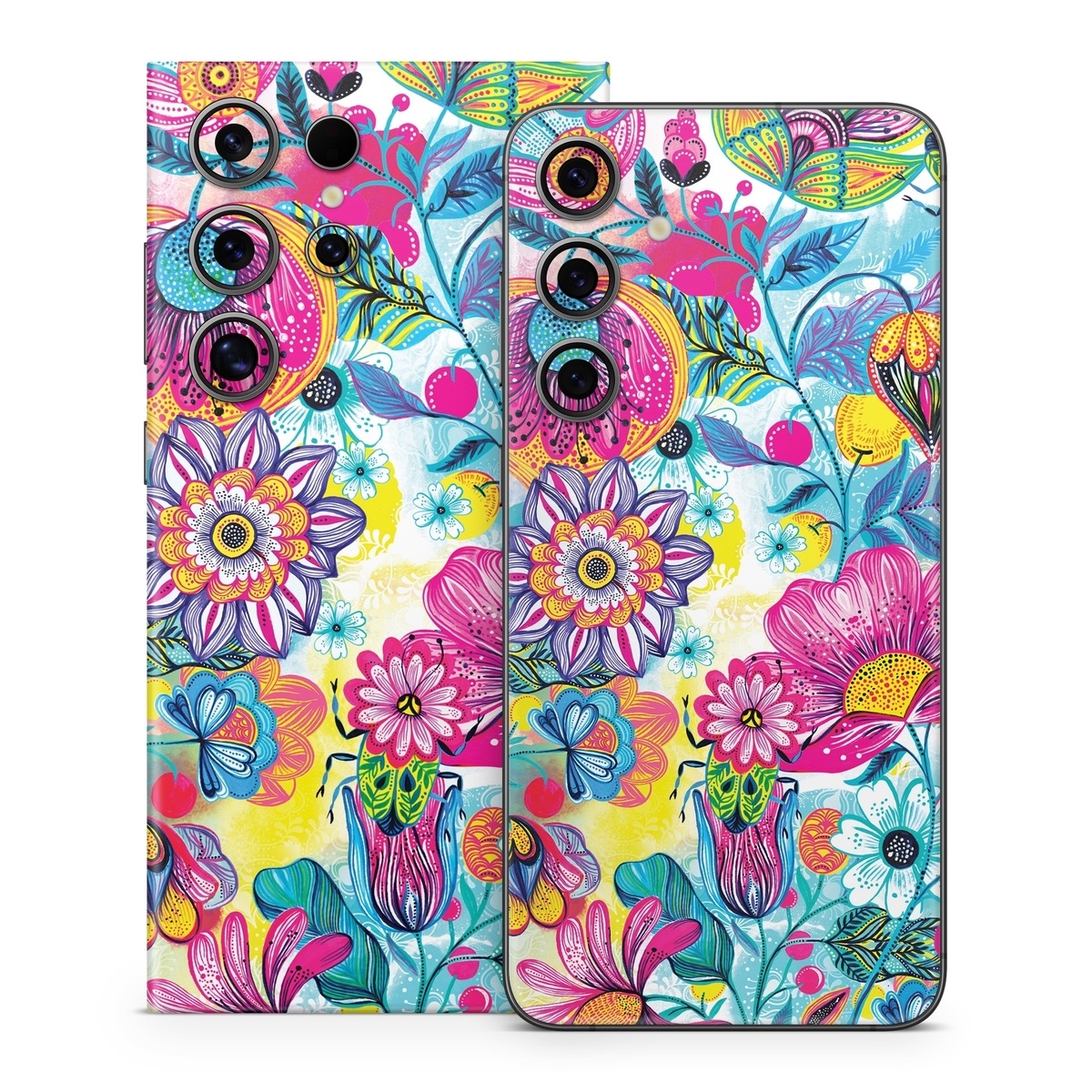 Samsung Galaxy S24 Series Skin design of Pattern, Floral design, Textile, Design, Flower, Wildflower, Visual arts, Plant, Wrapping paper, with blue, pink, purple, green, yellow, orange, white colors