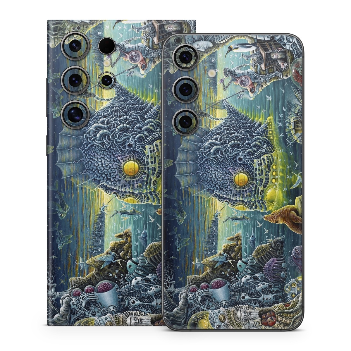 Samsung Galaxy S24 Series Skin design of Organism, Water, Illustration, Art, Painting, Cg artwork, Fiction, Fictional character, Marine biology, Mythology, with black, gray, blue, green colors