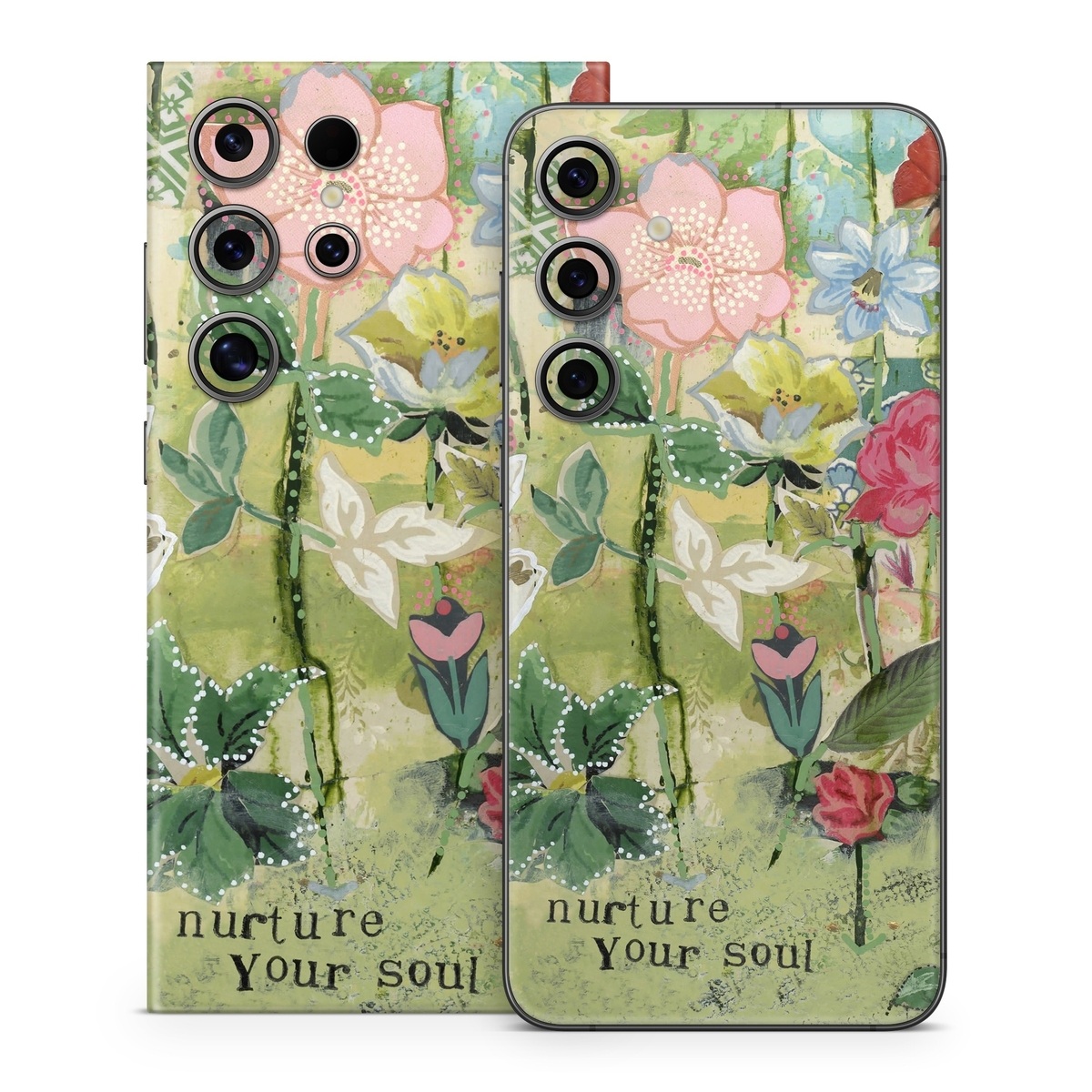 Samsung Galaxy S24 Series Skin design of Flower, Plant, Botany, Pink, Wildflower, Flowering plant, Watercolor paint, Petal, Floral design, Pattern, with green, pink, red, blue, white, black colors