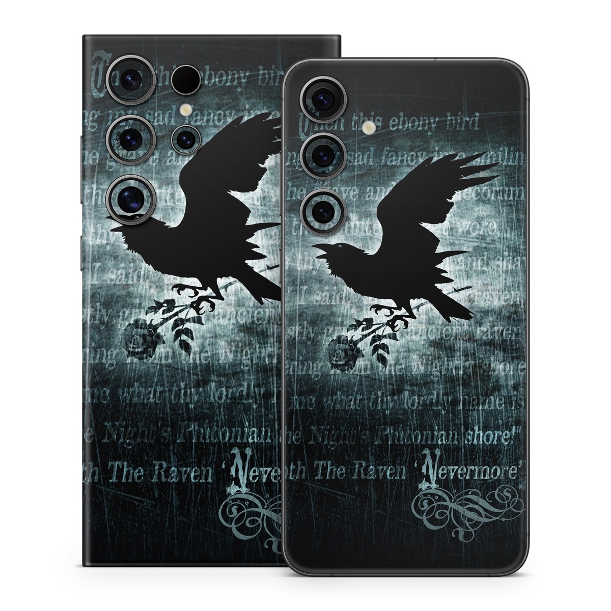 Samsung Galaxy S24 Series Skin design of Bird, Text, Wing, Graphic design, Darkness, Font, Illustration, Graphics, with black, white, blue colors