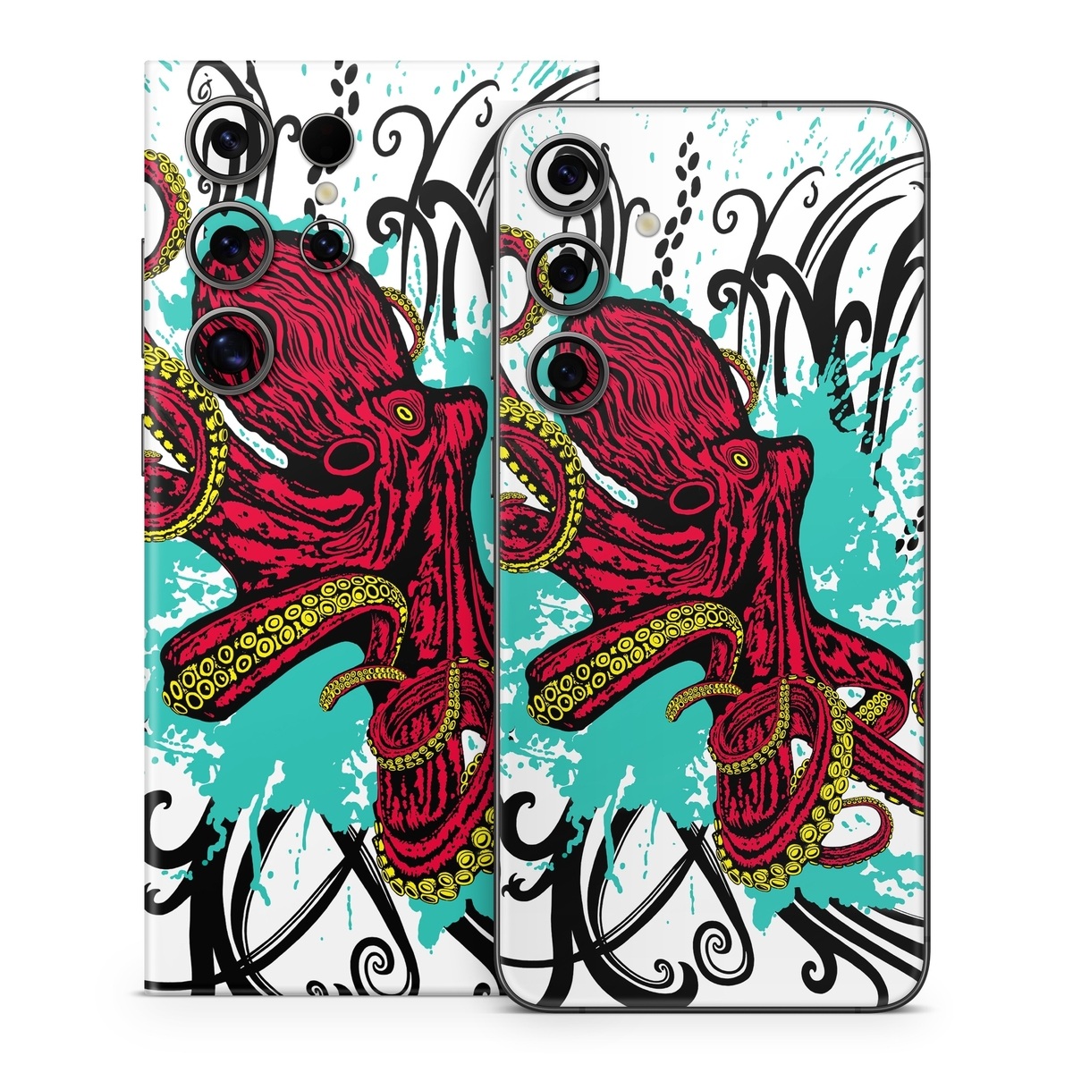 Samsung Galaxy S24 Series Skin design of Graphic design, Illustration, Visual arts, Octopus, Design, Art, Fictional character, Pattern, Clip art, Line art, with black, white, gray, red, blue, green colors