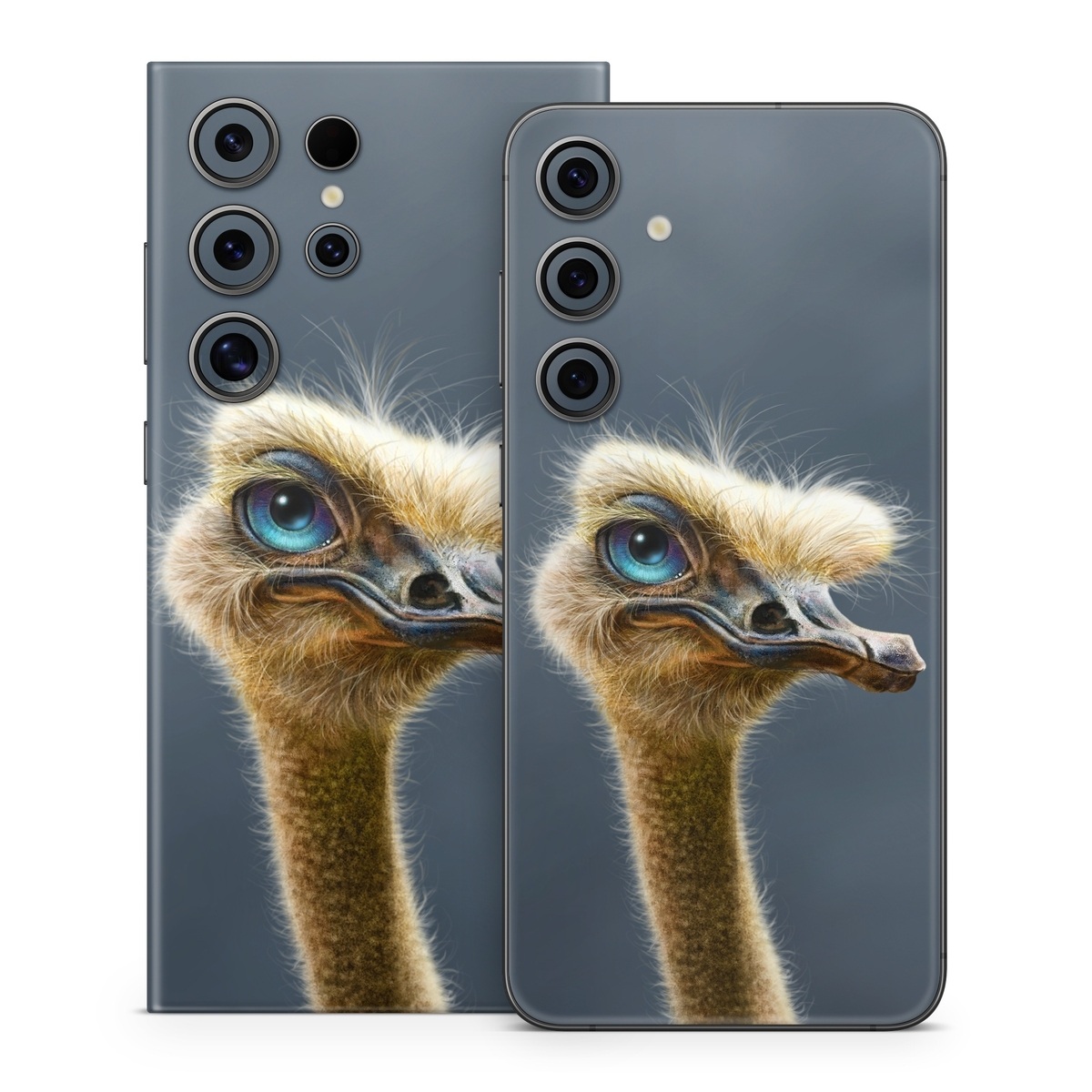Samsung Galaxy S24 Series Skin design of Ostrich, Flightless bird, Ratite, Bird, Beak, Close-up, Emu, Wildlife, Organism, Terrestrial animal, with black, gray, blue, green, red colors