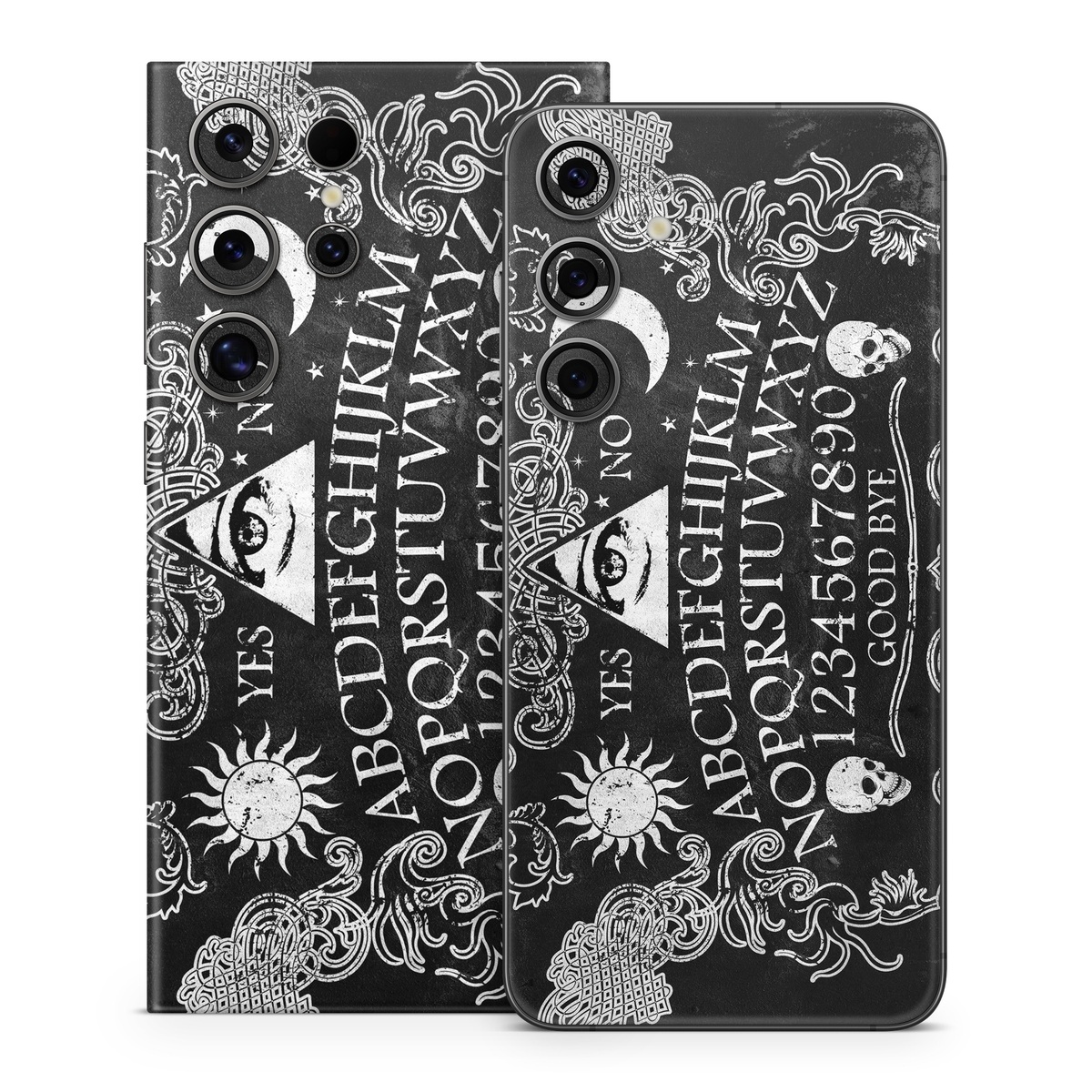 Samsung Galaxy S24 Series Skin design of Text, Font, Pattern, Design, Illustration, Headpiece, Tiara, Black-and-white, Calligraphy, Hair accessory, with black, white, gray colors