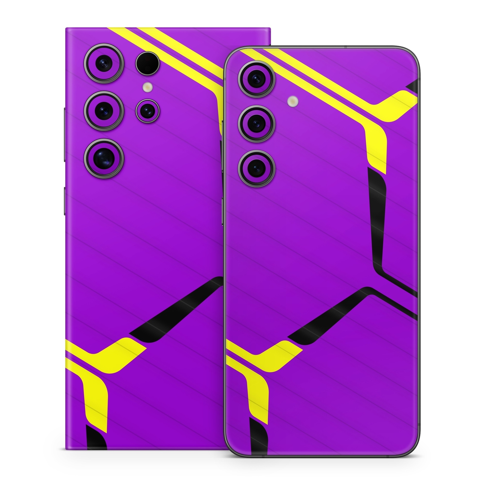 Samsung Galaxy S24 Series Skin design of Colorfulness, Purple, Violet, Line, Magenta, Parallel, Symmetry, Pattern, Electric blue, Font, with purple, yellow, black colors