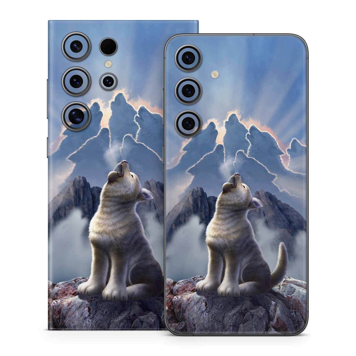 Samsung Galaxy S24 Series Skin design of Sky, Cloud, Atmosphere, Rock, Wolf, Photography, Cg artwork, Illustration, Mountain, Mythology, with white, blue, gray, brown colors