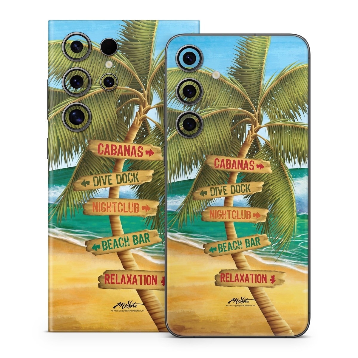 Samsung Galaxy S24 Series Skin design of Palm tree, Arecales, Tropics, Tree, Caribbean, Wave, Water, Coconut, Ocean, Elaeis, with green, purple, gray, black, blue colors