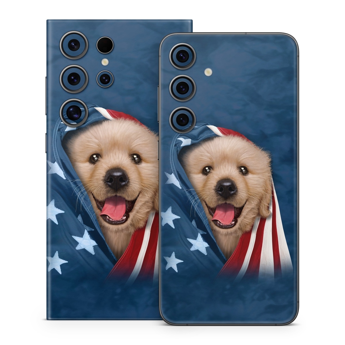Samsung Galaxy S24 Series Skin design of Dog, Canidae, Mammal, Dog breed, Carnivore, Puppy, Snout, Companion dog, Sporting Group, Pomeranian, with yellow, black, brown, white, blue, red colors