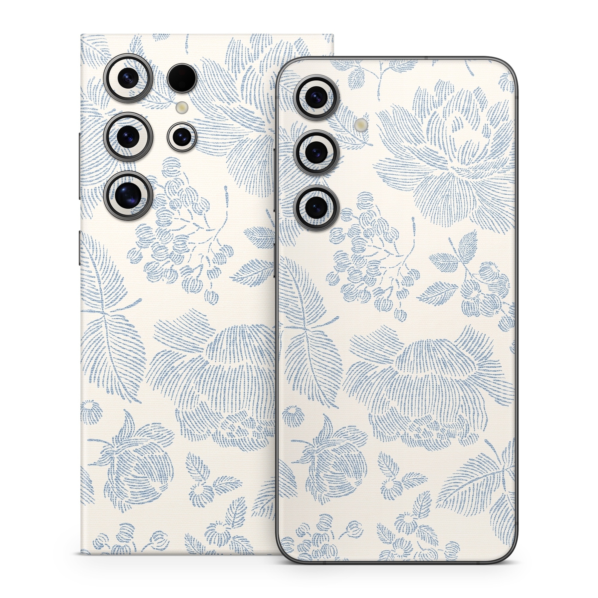Samsung Galaxy S24 Series Skin design of White, Botany, Leaf, Textile, Branch, Organism, Art, Aqua, Line, Rectangle, with white, blue colors