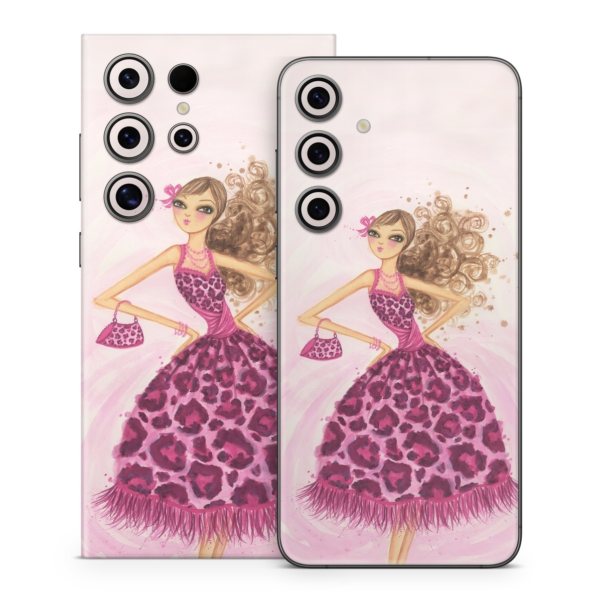 Samsung Galaxy S24 Series Skin design of Pink, Doll, Dress, Fashion illustration, Barbie, Fashion design, Illustration, Gown, Costume design, Toy, with pink, gray, red, purple, green colors