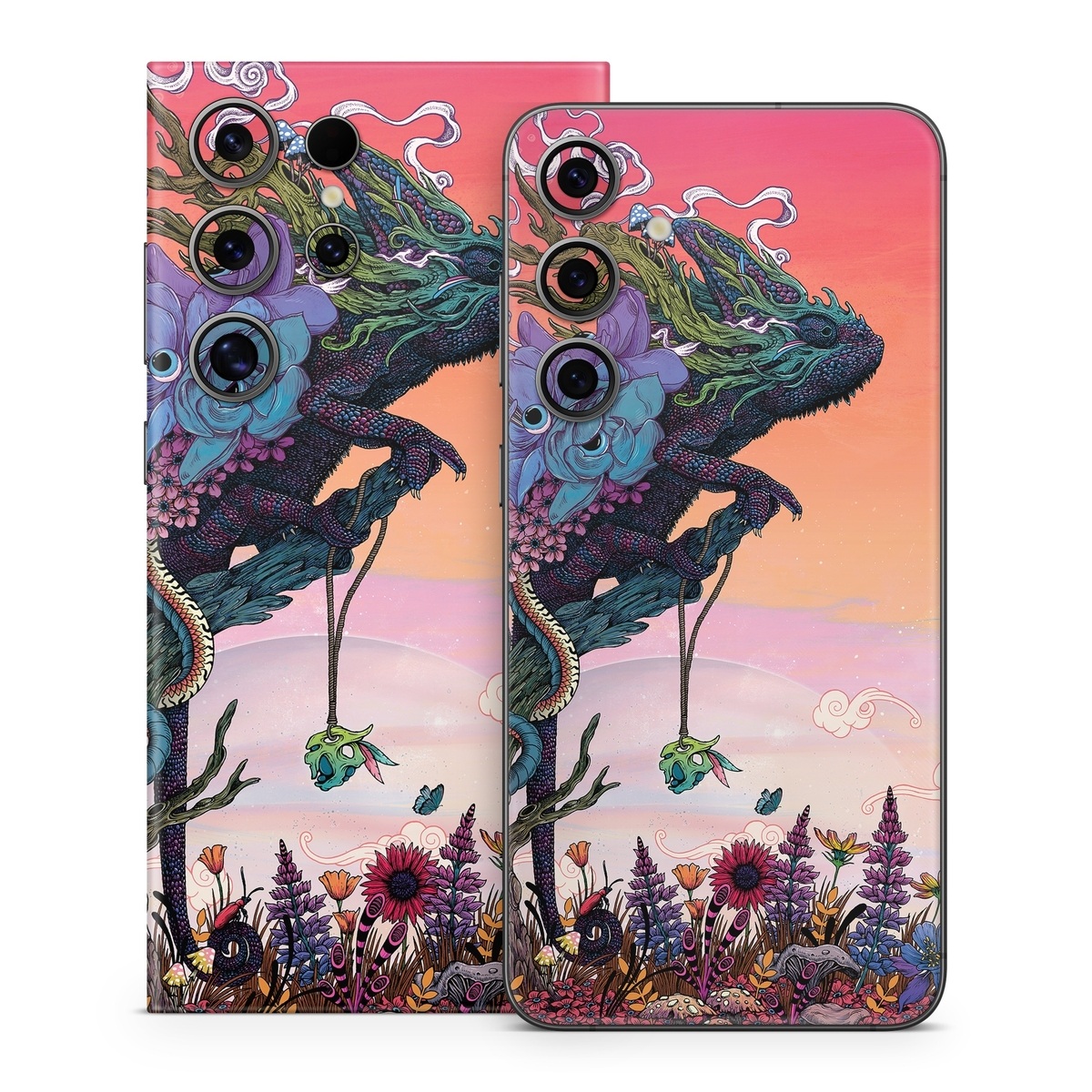 Samsung Galaxy S24 Series Skin design of Illustration, Fictional character, Fiction, Art, Organism, Plant, Tree, Graphic design, Cg artwork, with red, orange, green, purple, white, blue, brown colors