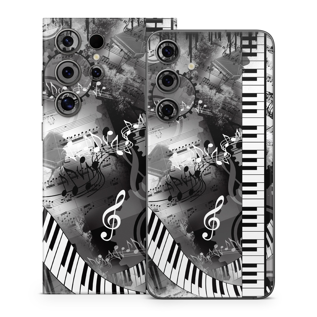 Samsung Galaxy S24 Series Skin design of Music, Monochrome, Black-and-white, Illustration, Graphic design, Musical instrument, Technology, Musical keyboard, Piano, Electronic instrument, with black, gray, white colors
