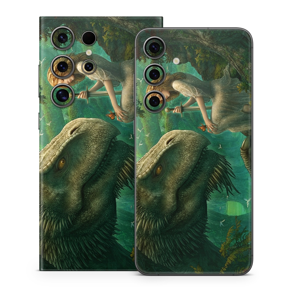 Samsung Galaxy S24 Series Skin design of Dinosaur, Cg artwork, Mythology, Fictional character, Troodon, Extinction, Velociraptor, Illustration, Animated cartoon, Tyrannosaurus, with black, green, gray, red colors