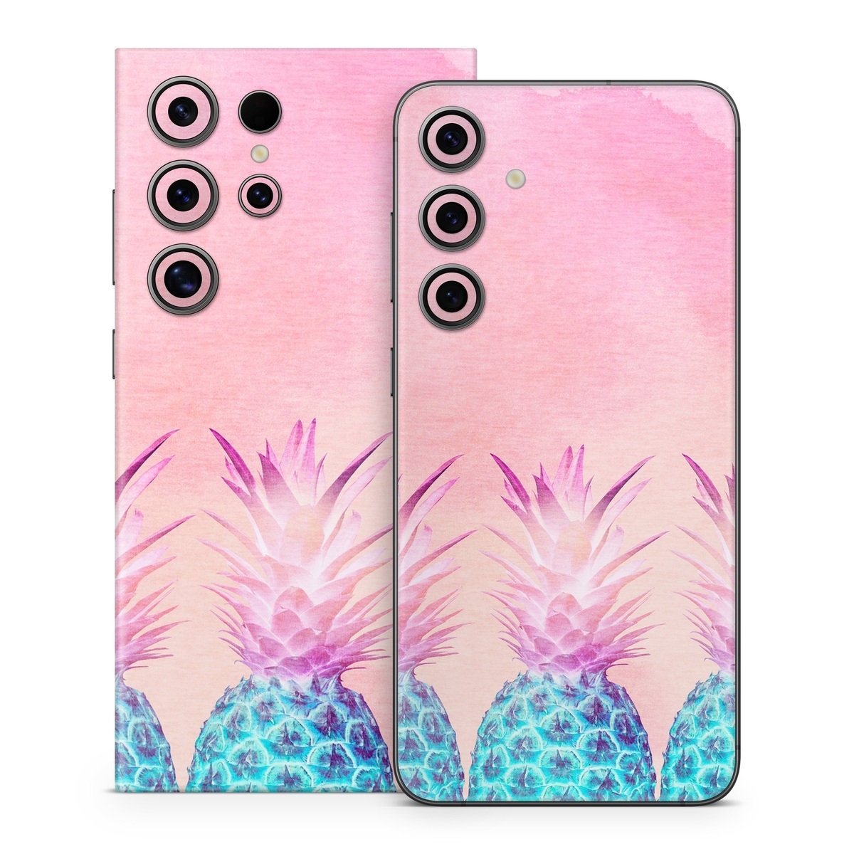 Samsung Galaxy S24 Series Skin design of Pineapple, Ananas, Pink, Fruit, Plant, Bromeliaceae, Pattern, Poales, with pink, blue, orange colors