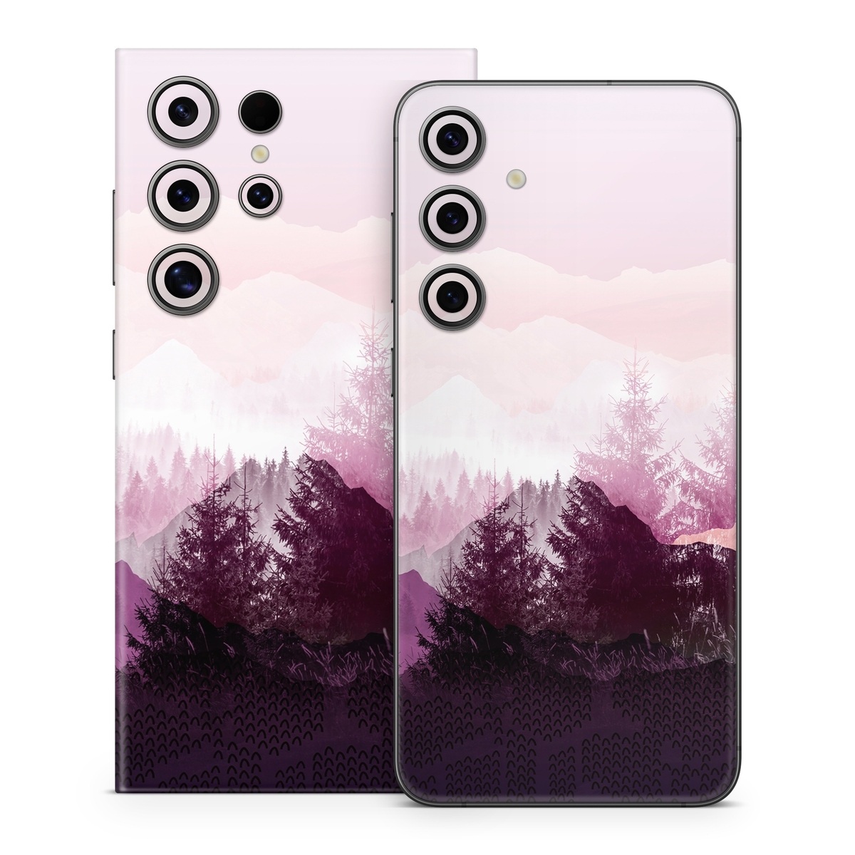 Samsung Galaxy S24 Series Skin design of Sky, Purple, Atmospheric phenomenon, Pink, Natural landscape, Violet, Mountain, Tree, Morning, Mountain range, with white, purple, black, pink colors