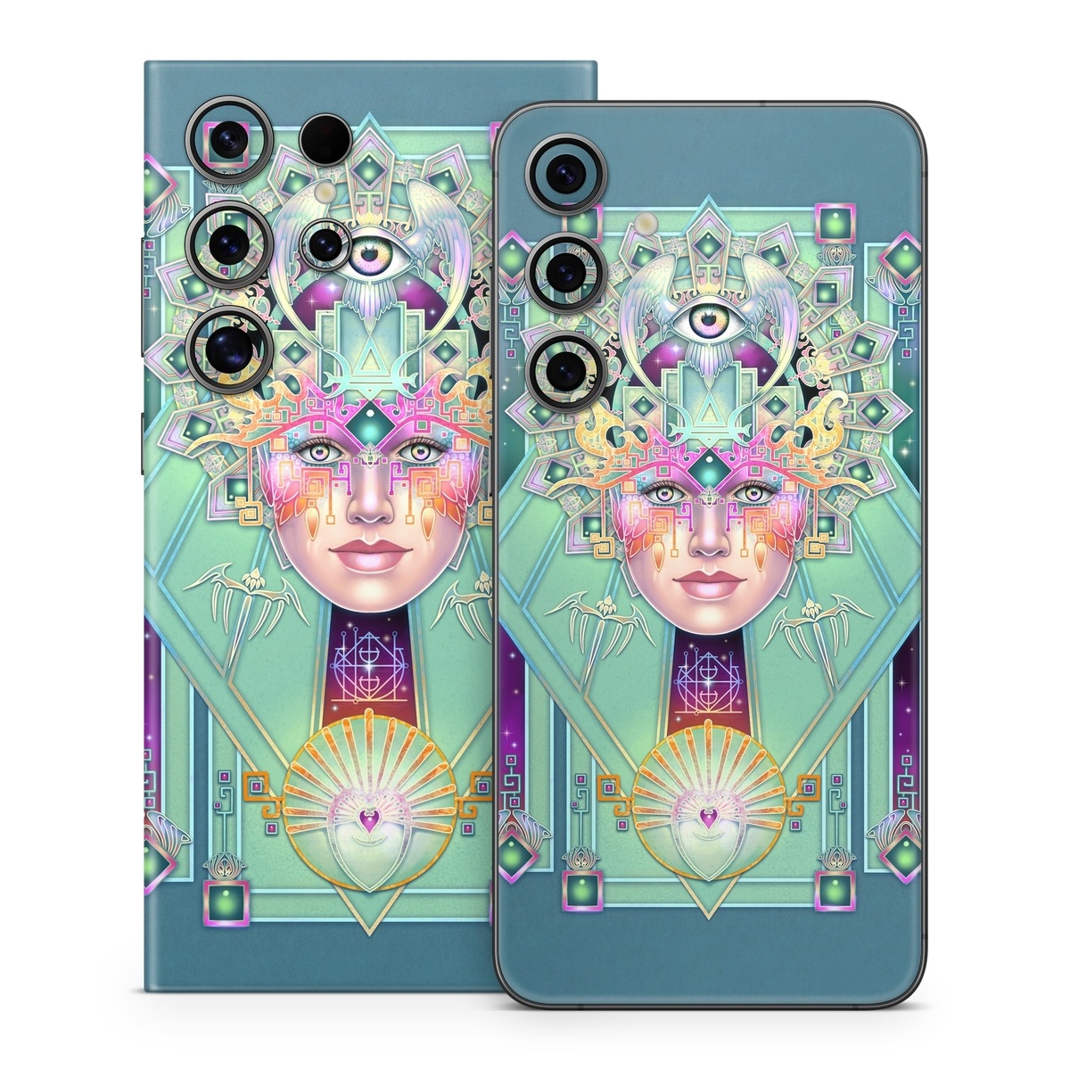 Samsung Galaxy S24 Series Skin design of Head, Eye, Eyelash, Font, Art, Magenta, Rectangle, Painting, Illustration, Pattern, with blue, green, yellow, red, purple, white colors