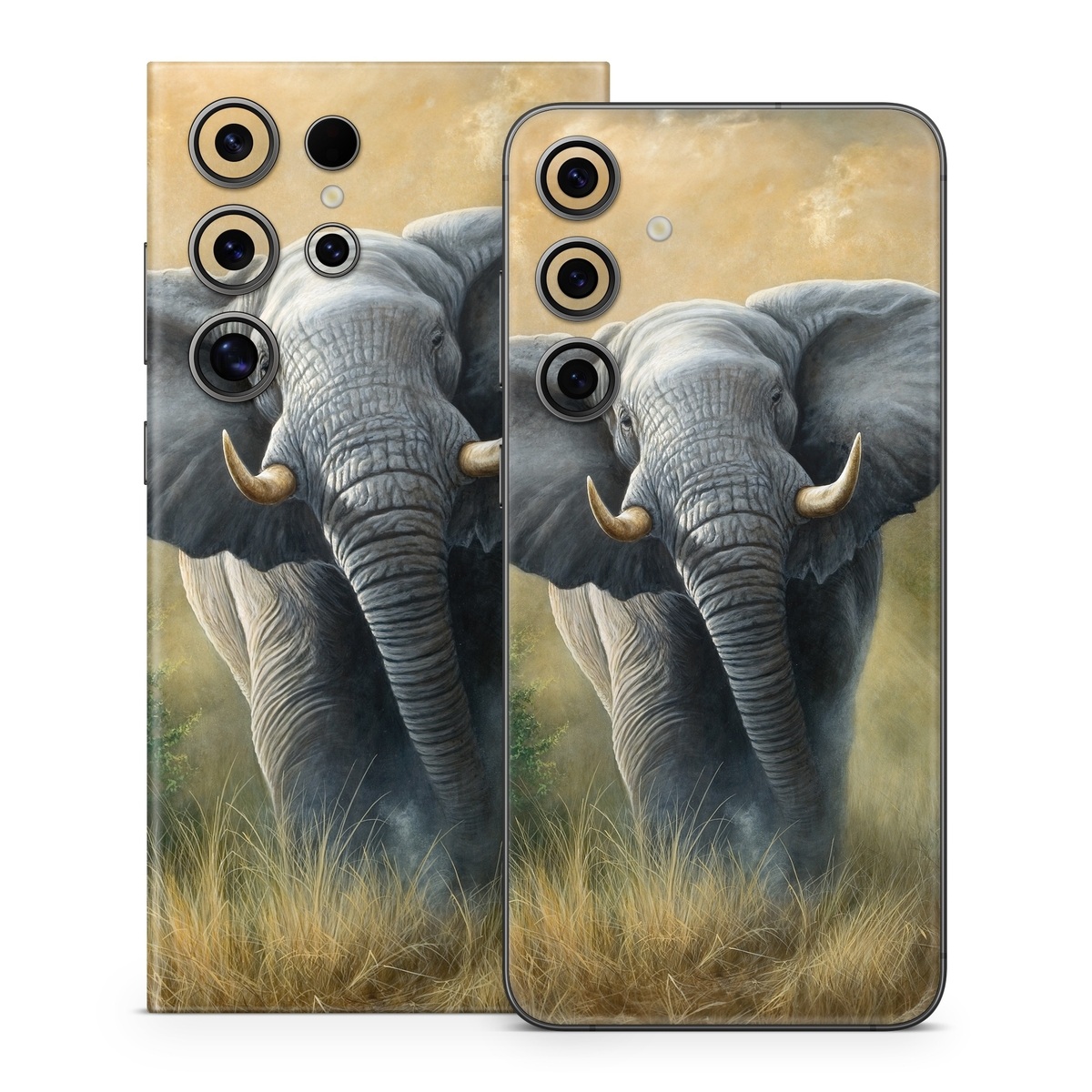 Samsung Galaxy S24 Series Skin design of Terrestrial animal, Elephants and Mammoths, Vertebrate, Wildlife, Mammal, African elephant, Indian elephant, Grassland, Working animal, Tusk, with gray, white, green, brown, yellow, orange colors