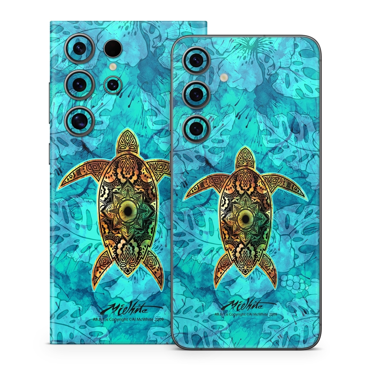 Samsung Galaxy S24 Series Skin design of Sea turtle, Green sea turtle, Turtle, Hawksbill sea turtle, Tortoise, Reptile, Loggerhead sea turtle, Illustration, Art, Pattern, with blue, black, green, gray, red colors